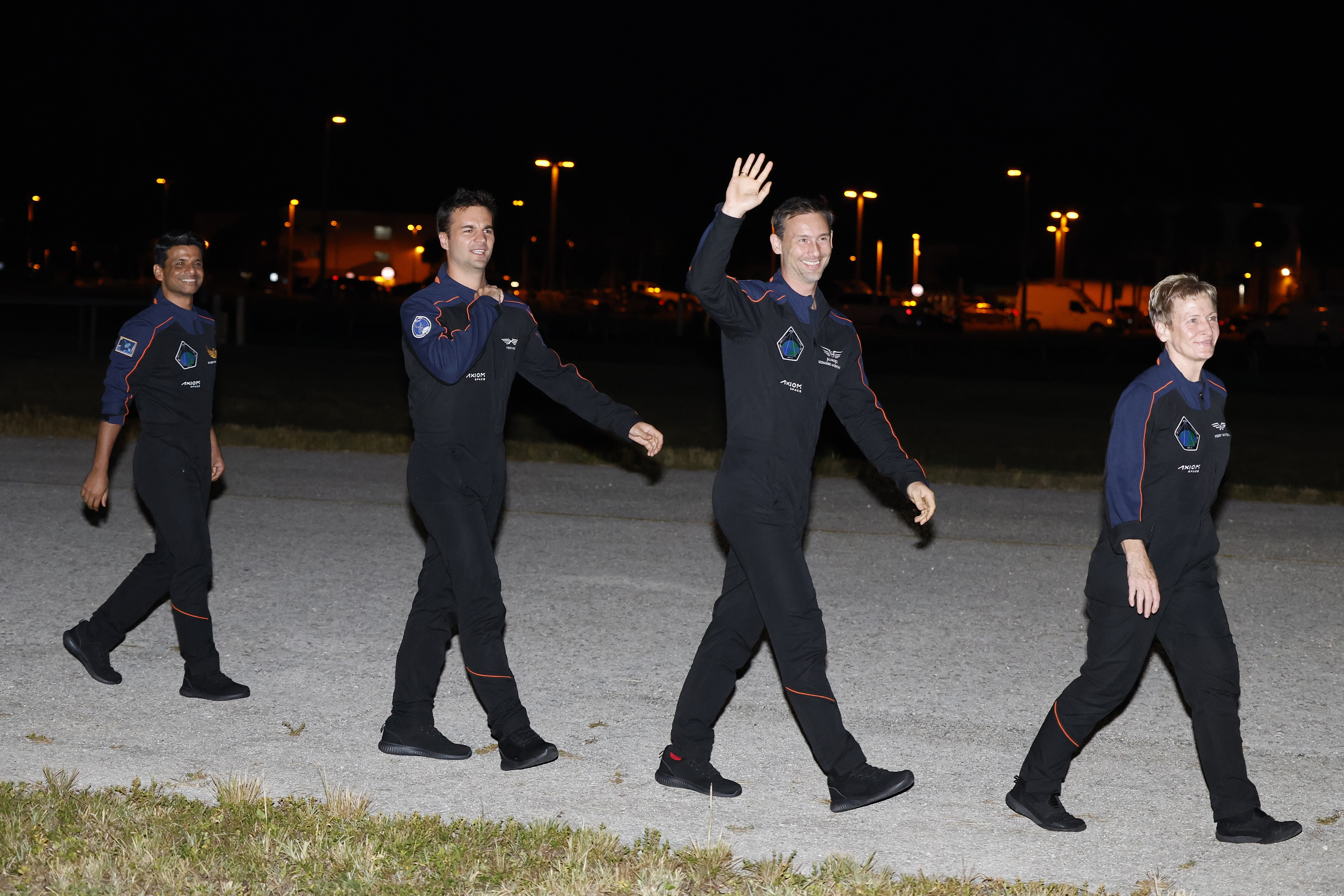 SpaceX Falcon 9 crew, left to right, Shubhanshu Shukla of the Indian Space Research Organization, Tibor Kapu of Hungary, Slawosz Uznanski-Wisniewski of Poland, and commander Peggy Whitson before departing for pad 39A for a mission to the International Space Station at the Kennedy Space Center in Cape Canaveral, Fla., Tuesday, June 24, 2025. (AP Photo/Terry Renna)