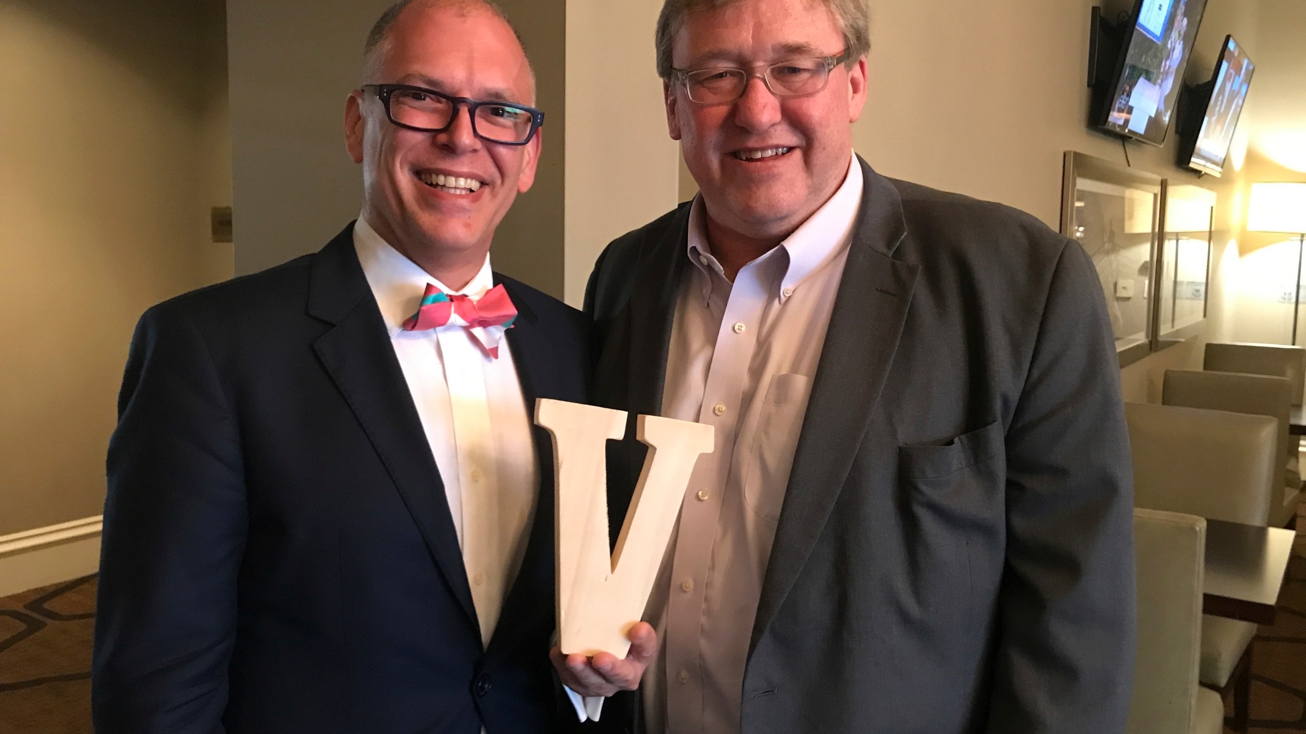 This April 2016 photo provided by Rick Hodges shows Jim Obergefell, left, and Rick Hodges posing for a picture in Columbus, Ohio. (Rick Hodges via AP)
