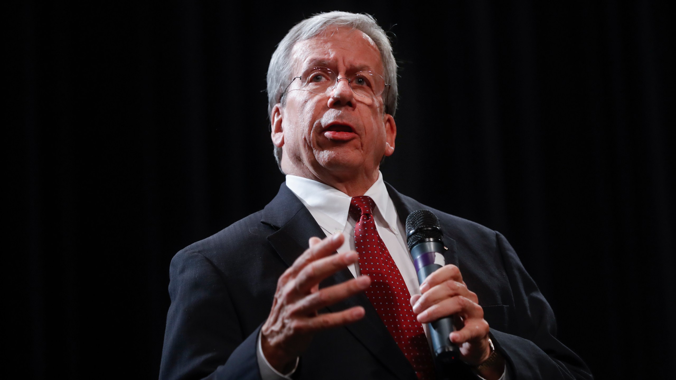 FILE - William O'Neill, former Ohio Supreme Court Justice, speaks during the Ohio Democratic Party's fifth debate in the primary race for governor, Tuesday, April 10, 2018, at Miami (OH) University's Middletown campus in Middletown, Ohio. (AP Photo/John Minchillo, File)