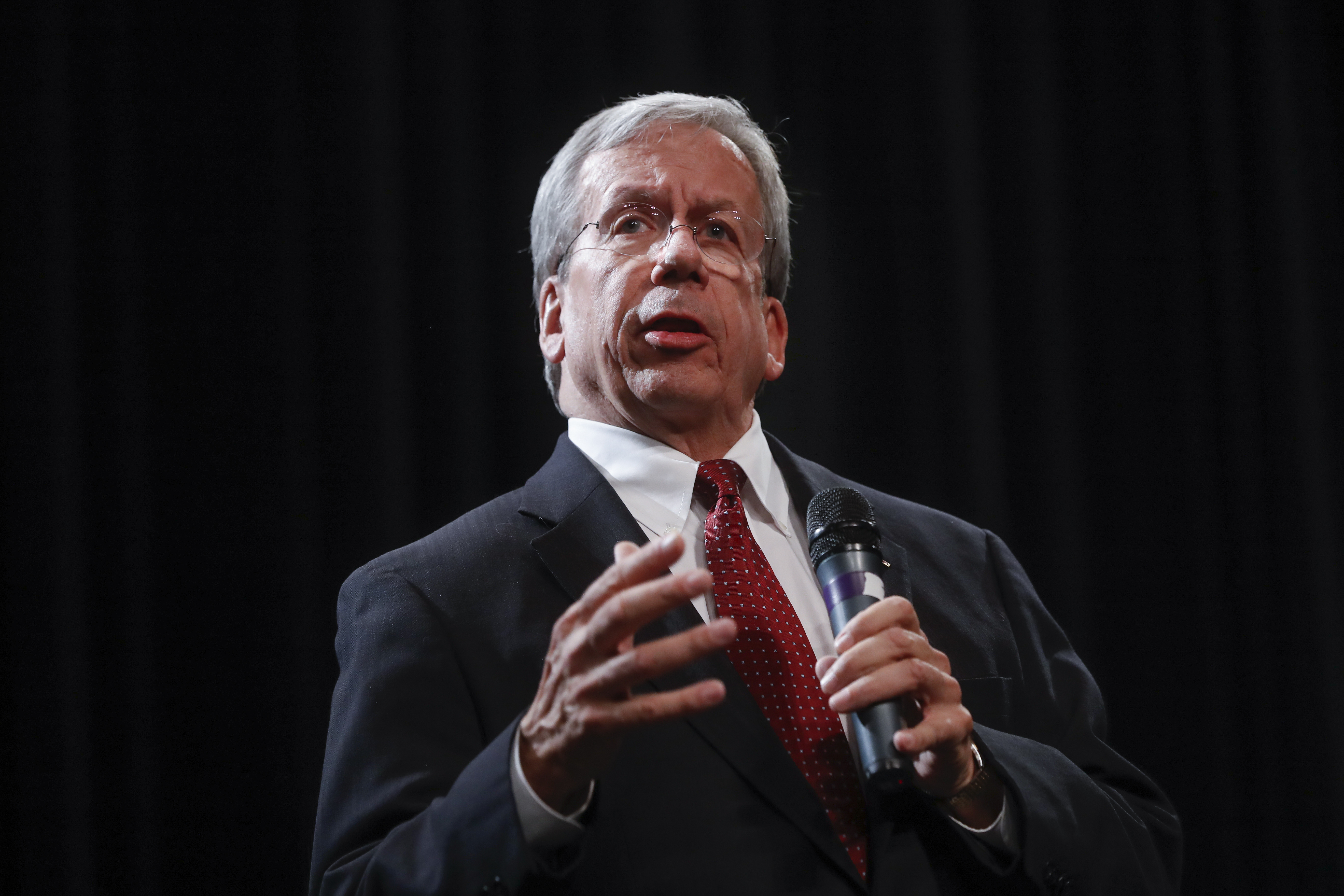 FILE - William O'Neill, former Ohio Supreme Court Justice, speaks during the Ohio Democratic Party's fifth debate in the primary race for governor, Tuesday, April 10, 2018, at Miami (OH) University's Middletown campus in Middletown, Ohio. (AP Photo/John Minchillo, File)
