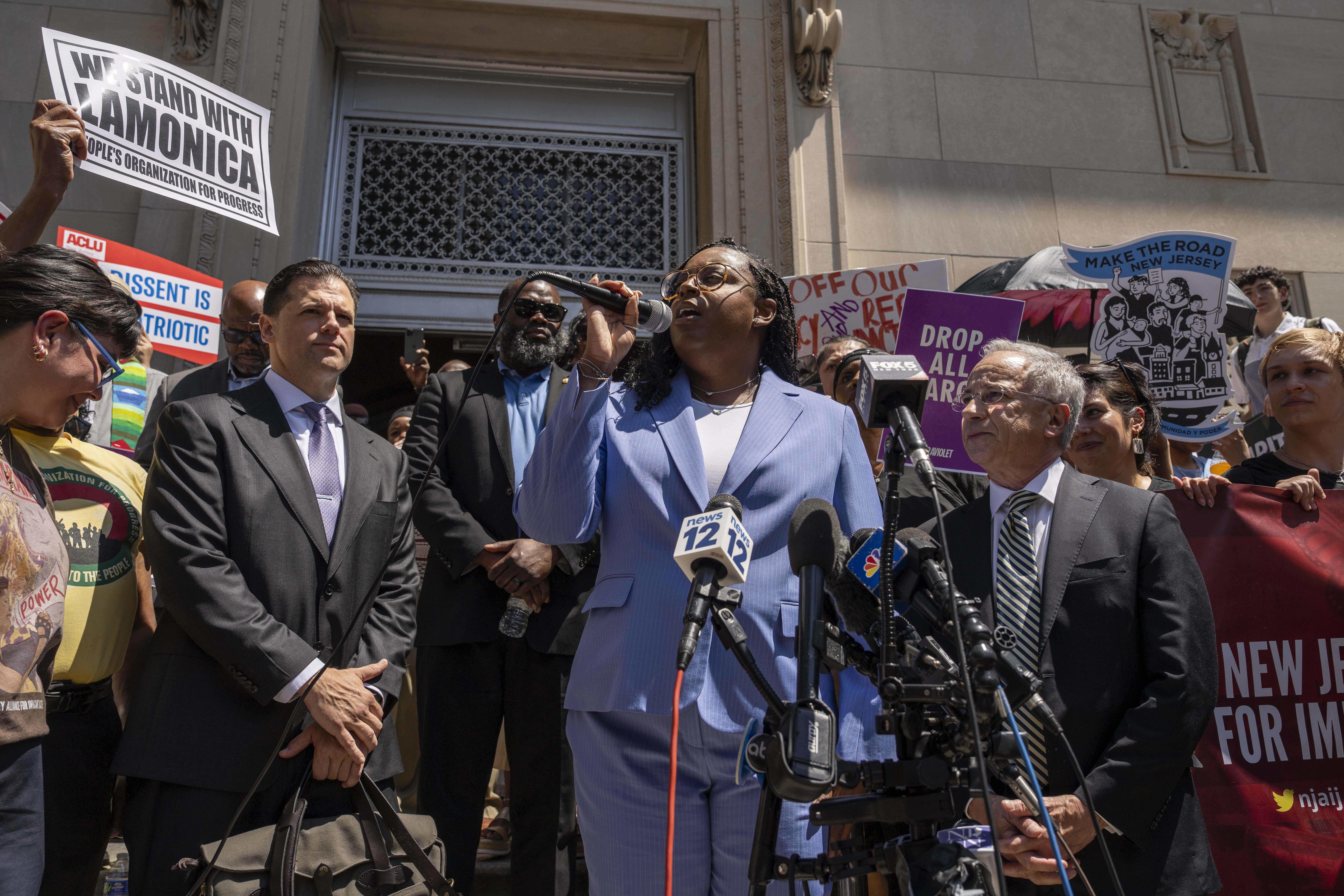 Rep. LaMonica Mclver (D-10th) speaks during a press conference with her supporters outside a federal court Wednesday, June 25, 2025, in Newark, N.J. (AP Photo/Yuki Iwamura)