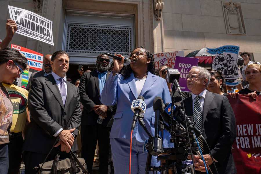 Rep. LaMonica Mclver (D-10th) speaks during a press conference with her supporters outside a federal court Wednesday, June 25, 2025, in Newark, N.J. (AP Photo/Yuki Iwamura)