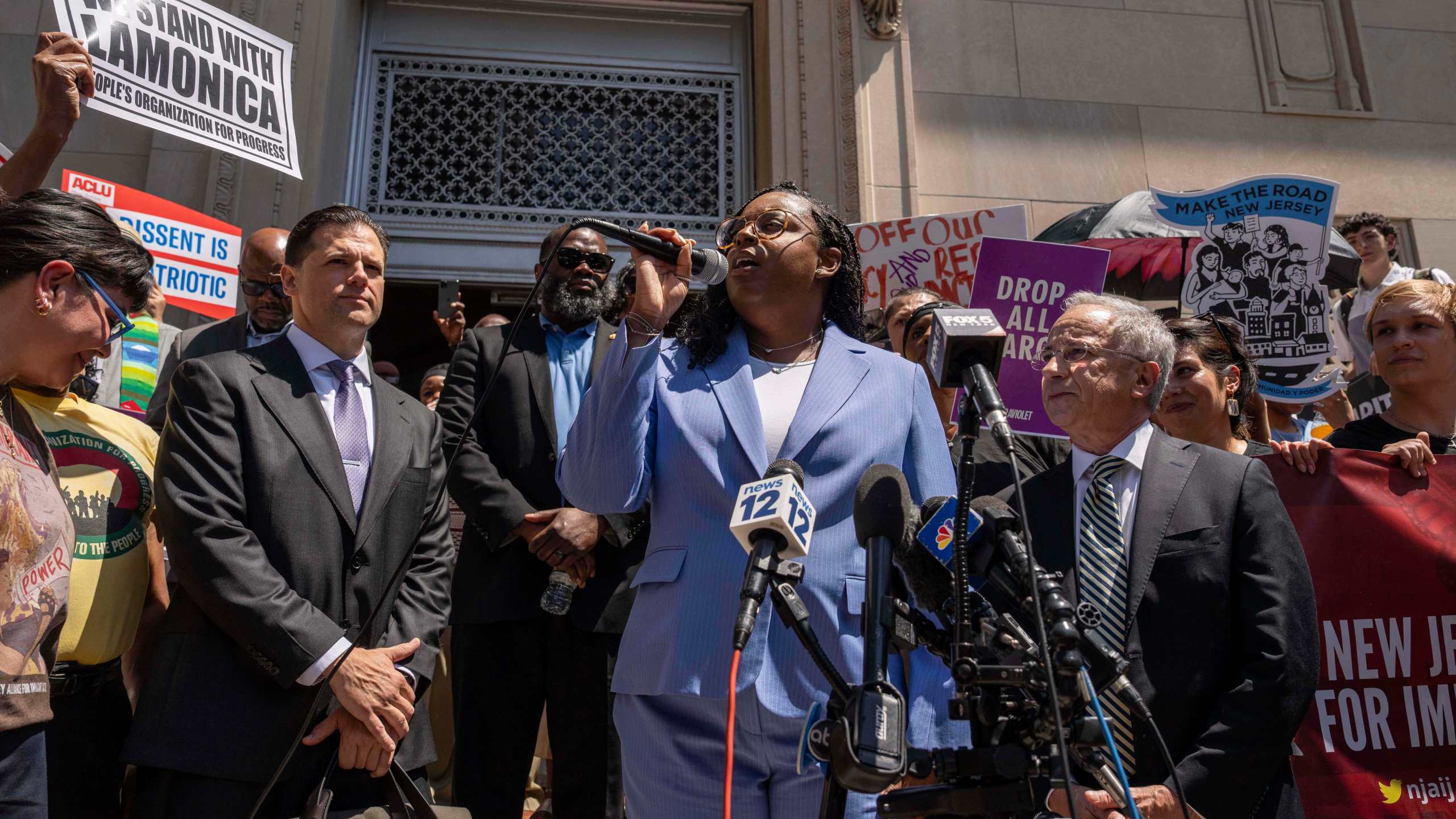Rep. LaMonica Mclver (D-10th) speaks during a press conference with her supporters outside a federal court Wednesday, June 25, 2025, in Newark, N.J. (AP Photo/Yuki Iwamura)