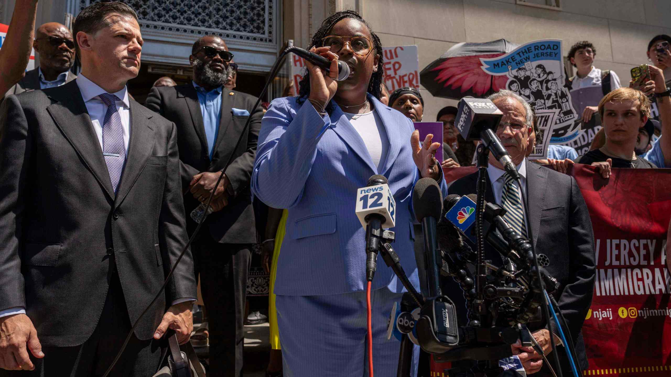 Rep. LaMonica Mclver (D-10th) speaks during a press conference with her supporters outside a federal court Wednesday, June 25, 2025, in Newark, N.J. (AP Photo/Yuki Iwamura)