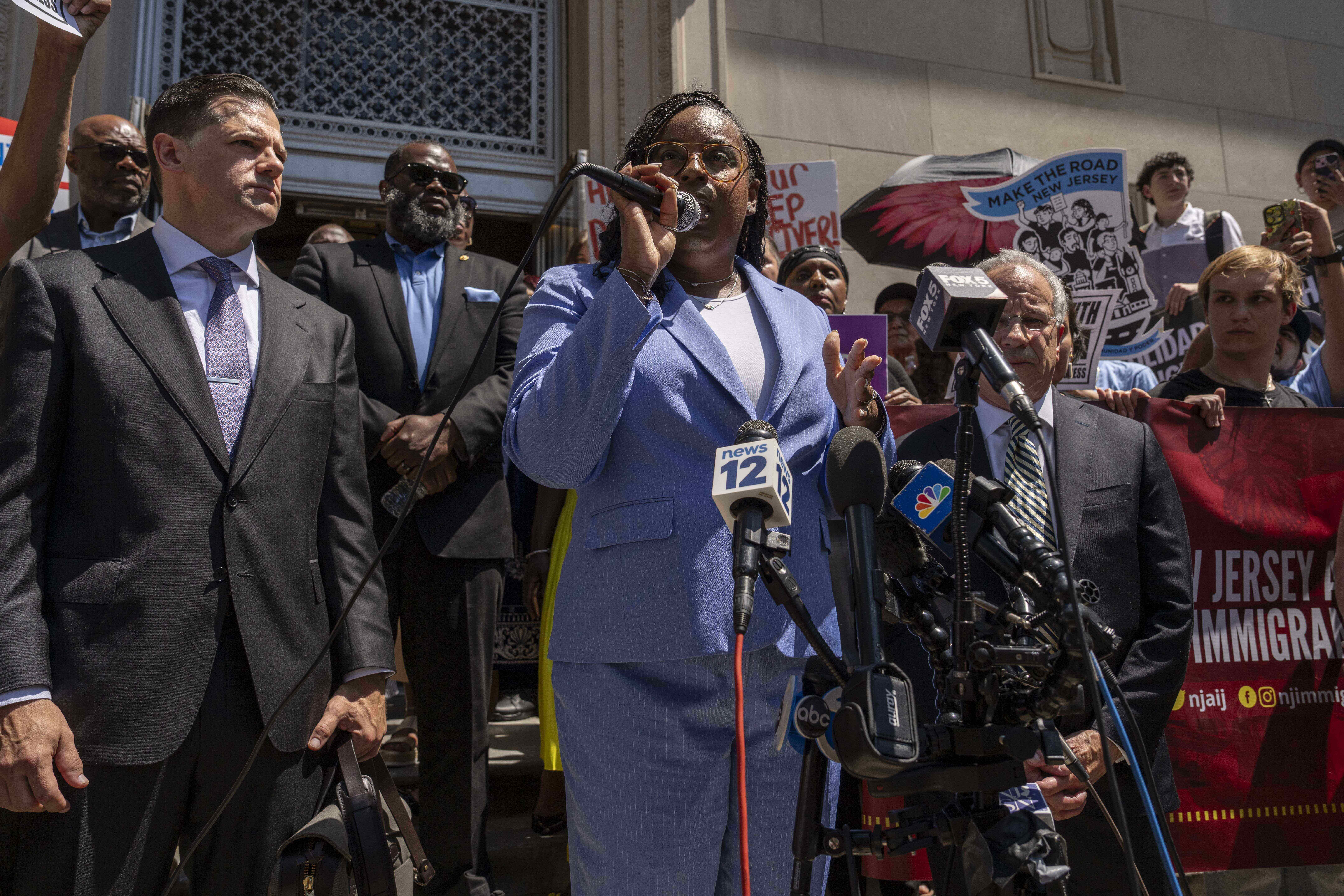 Rep. LaMonica Mclver (D-10th) speaks during a press conference with her supporters outside a federal court Wednesday, June 25, 2025, in Newark, N.J. (AP Photo/Yuki Iwamura)
