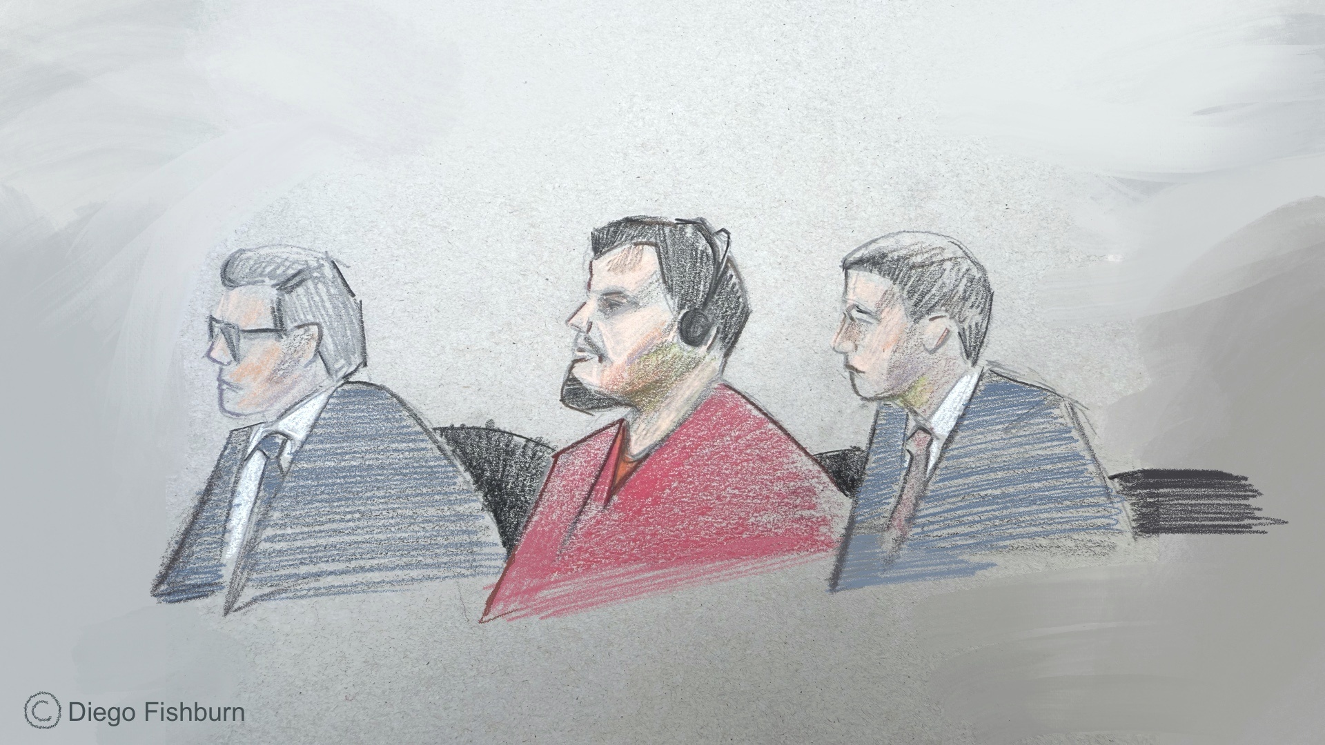 This courtroom sketch depicts, from left, attorney Sean Hecker, Kilmar Abrego Garcia and attorney Rascoe Dean in court during Garcia's detention hearing on Wednesday, June 25, 2025, in Nashville, Tenn. (AP Photo/Diego Fishburn)