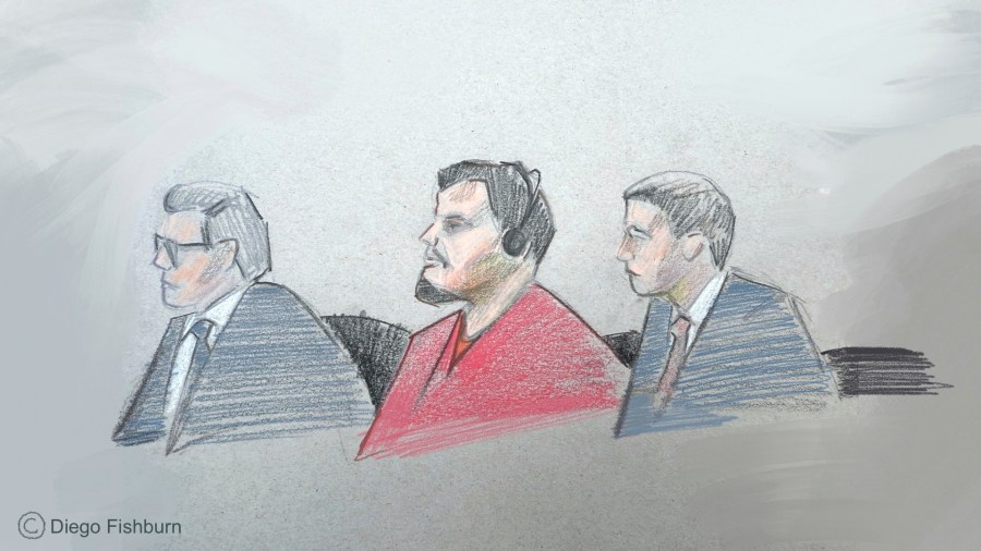 This courtroom sketch depicts, from left, attorney Sean Hecker, Kilmar Abrego Garcia and attorney Rascoe Dean in court during Garcia's detention hearing on Wednesday, June 25, 2025, in Nashville, Tenn. (AP Photo/Diego Fishburn)