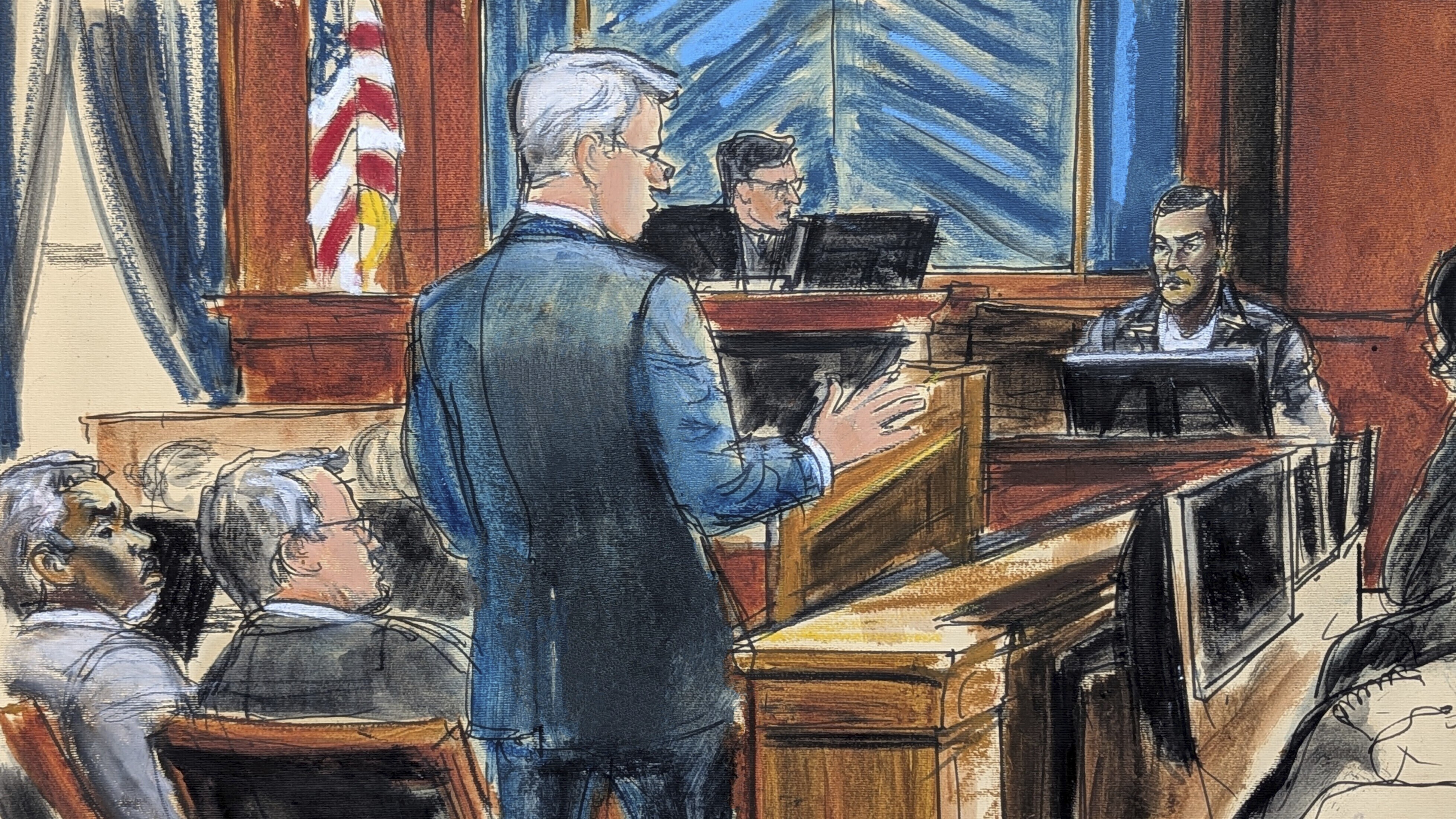 FILE - Defense attorney Brian Steel, center, cross examines Kid Cudi, far right, as Sean "Diddy" Combs, far left, looks on during Combs' sex trafficking and racketeering trial in Manhattan federal court, May 22, 2025, in New York. (Elizabeth Williams via AP, File)