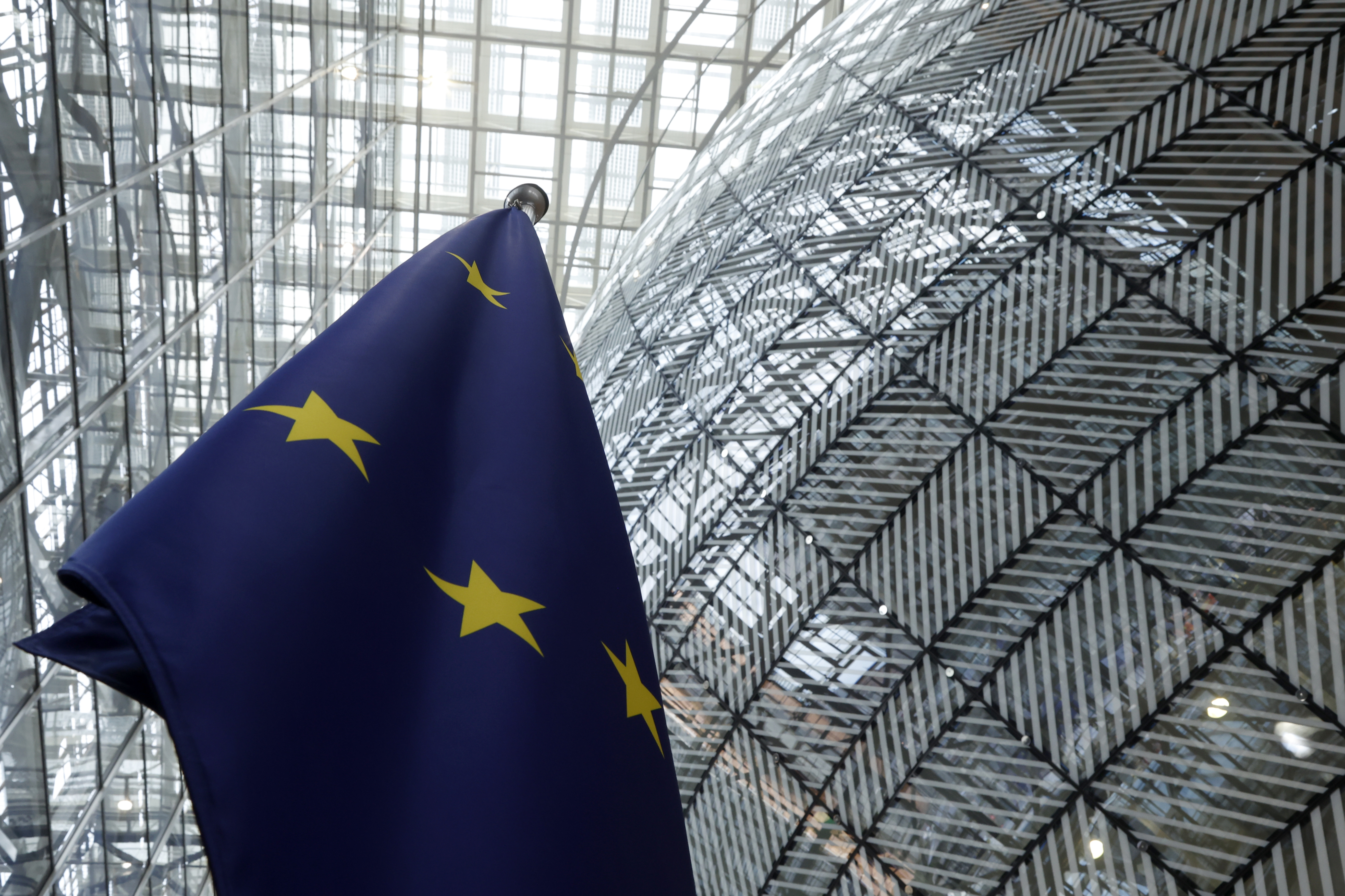 FILE - The European Union flag stands inside the atrium at the European Council building in Brussels, June 17, 2024. (AP Photo/Omar Havana, file)