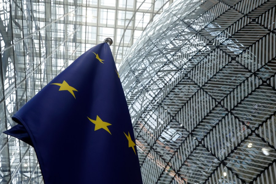 FILE - The European Union flag stands inside the atrium at the European Council building in Brussels, June 17, 2024. (AP Photo/Omar Havana, file)