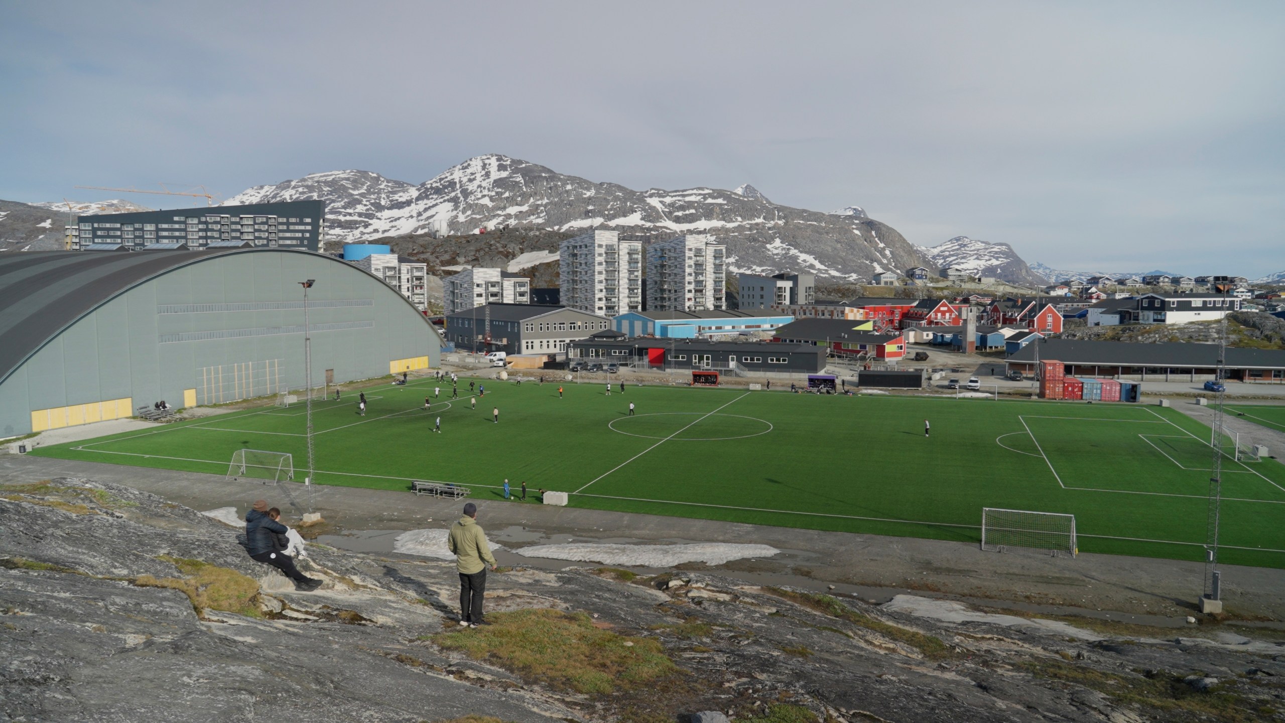 Soccer players attend a training session on artificial turf of Nuuk stadium in Nuuk, Greenland, Tuesday June 17, 2025. (AP Photo/Kwiyeon Ha)