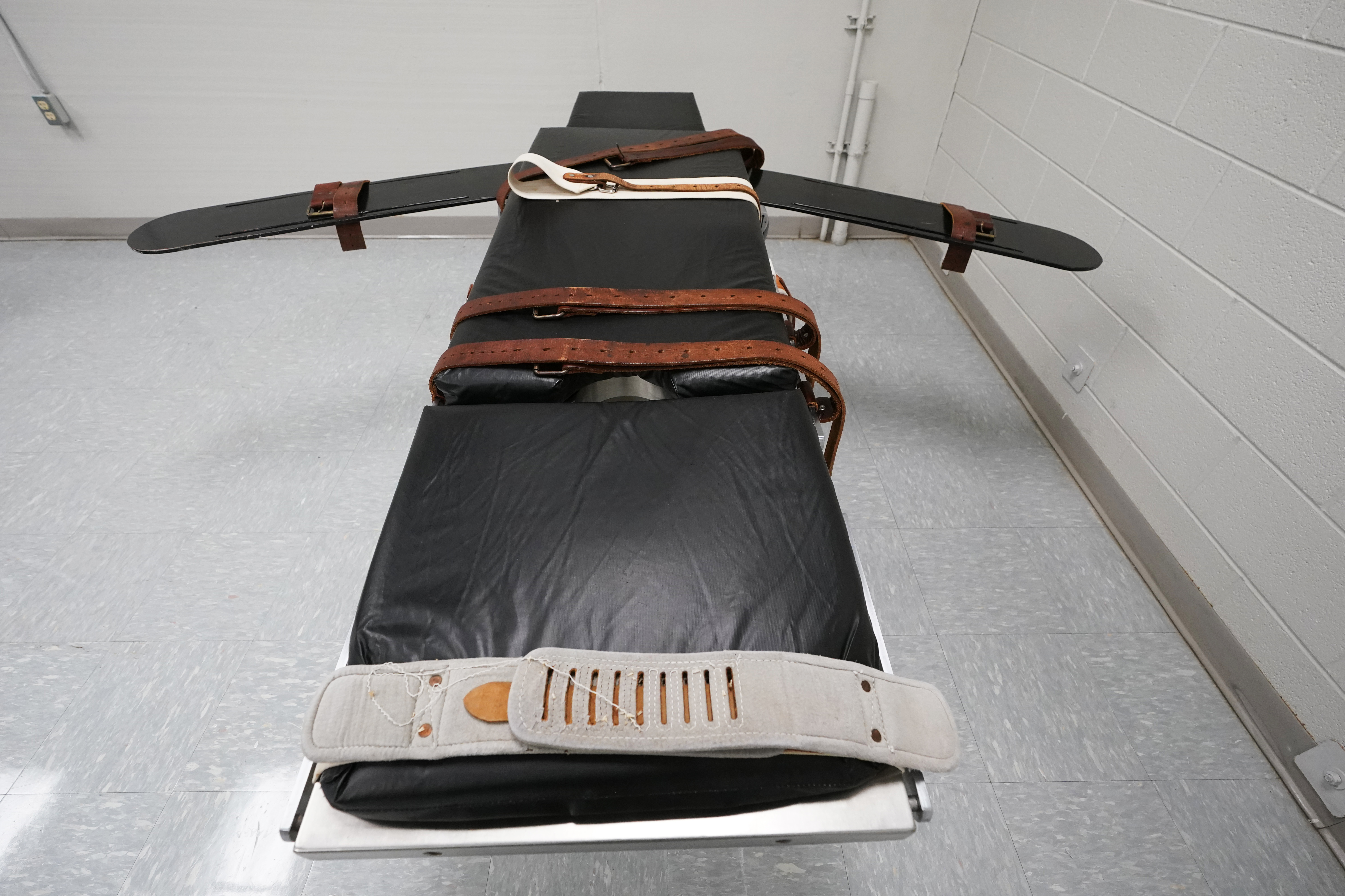 FILE - The gurney in the death chamber at Greensville Correctional Center in Jarratt, Va., Wednesday, March 24, 2021. (AP Photo/Steve Helber, File)