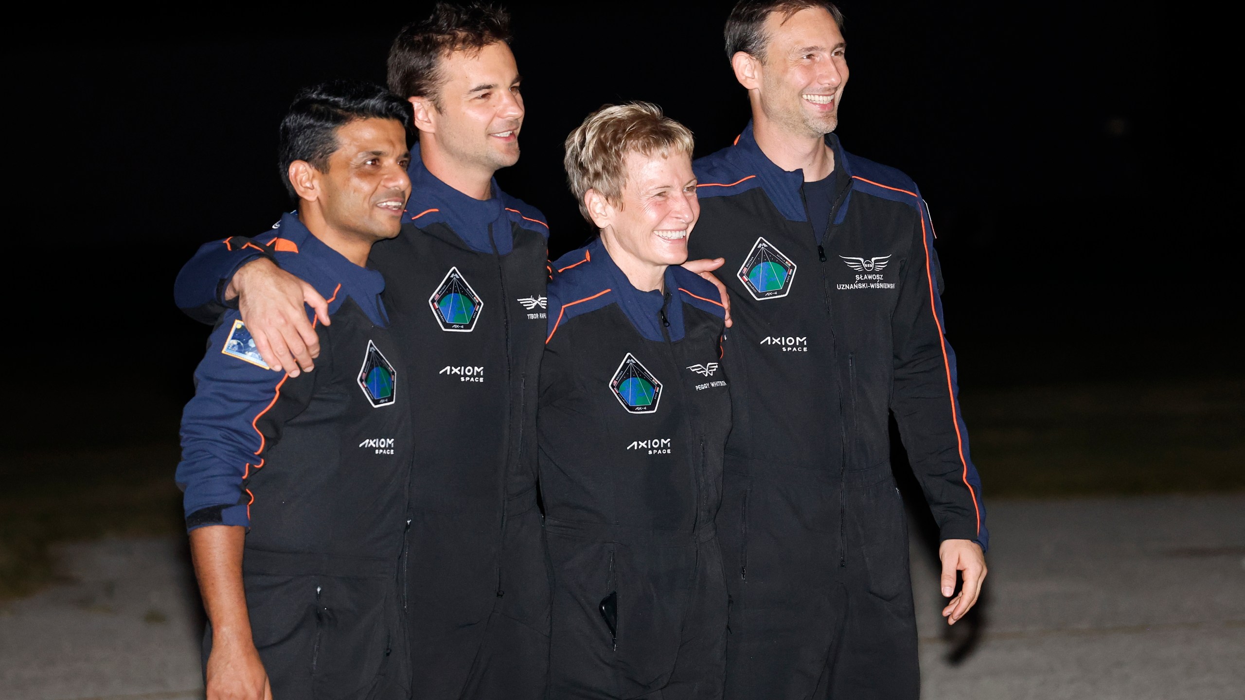 SpaceX Falcon 9 crew, Shubhanshu Shukla of the Indian Space Research Organization, from left, Tibor Kapu of Hungary, commander Peggy Whitson, and Slawosz Uznanski-Wisniewski of Poland, pose for a photo before departing for a launch to the International Space Station at the Kennedy Space Center in Cape Canaveral, Fla., Tuesday, June 24, 2025. (AP Photo/Terry Renna)