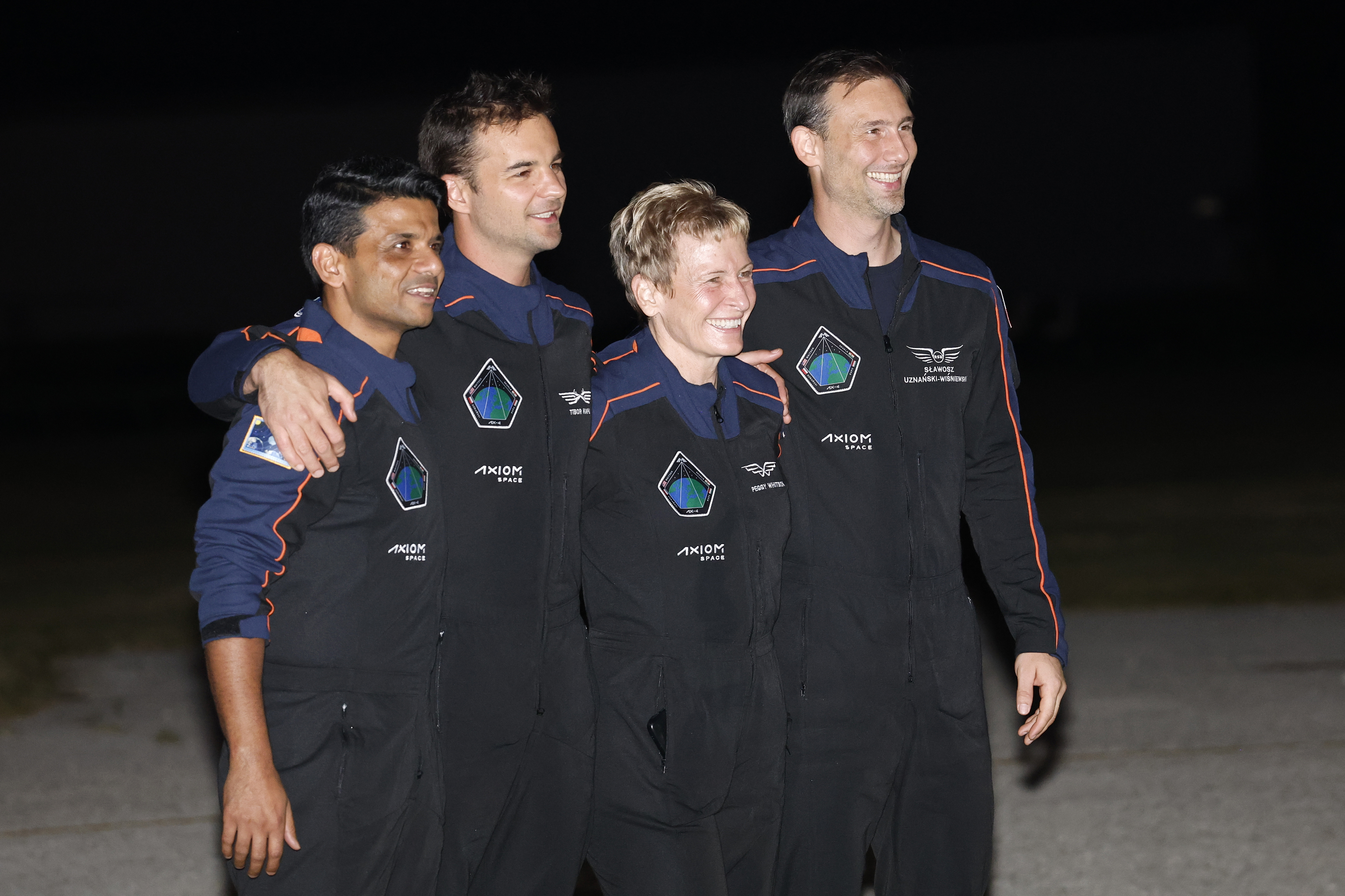 SpaceX Falcon 9 crew, Shubhanshu Shukla of the Indian Space Research Organization, from left, Tibor Kapu of Hungary, commander Peggy Whitson, and Slawosz Uznanski-Wisniewski of Poland, pose for a photo before departing for a launch to the International Space Station at the Kennedy Space Center in Cape Canaveral, Fla., Tuesday, June 24, 2025. (AP Photo/Terry Renna)