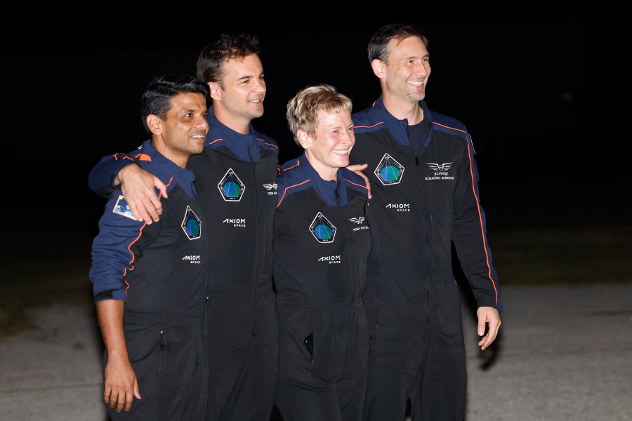 SpaceX Falcon 9 crew, Shubhanshu Shukla of the Indian Space Research Organization, from left, Tibor Kapu of Hungary, commander Peggy Whitson, and Slawosz Uznanski-Wisniewski of Poland, pose for a photo before departing for a launch to the International Space Station at the Kennedy Space Center in Cape Canaveral, Fla., Tuesday, June 24, 2025. (AP Photo/Terry Renna)