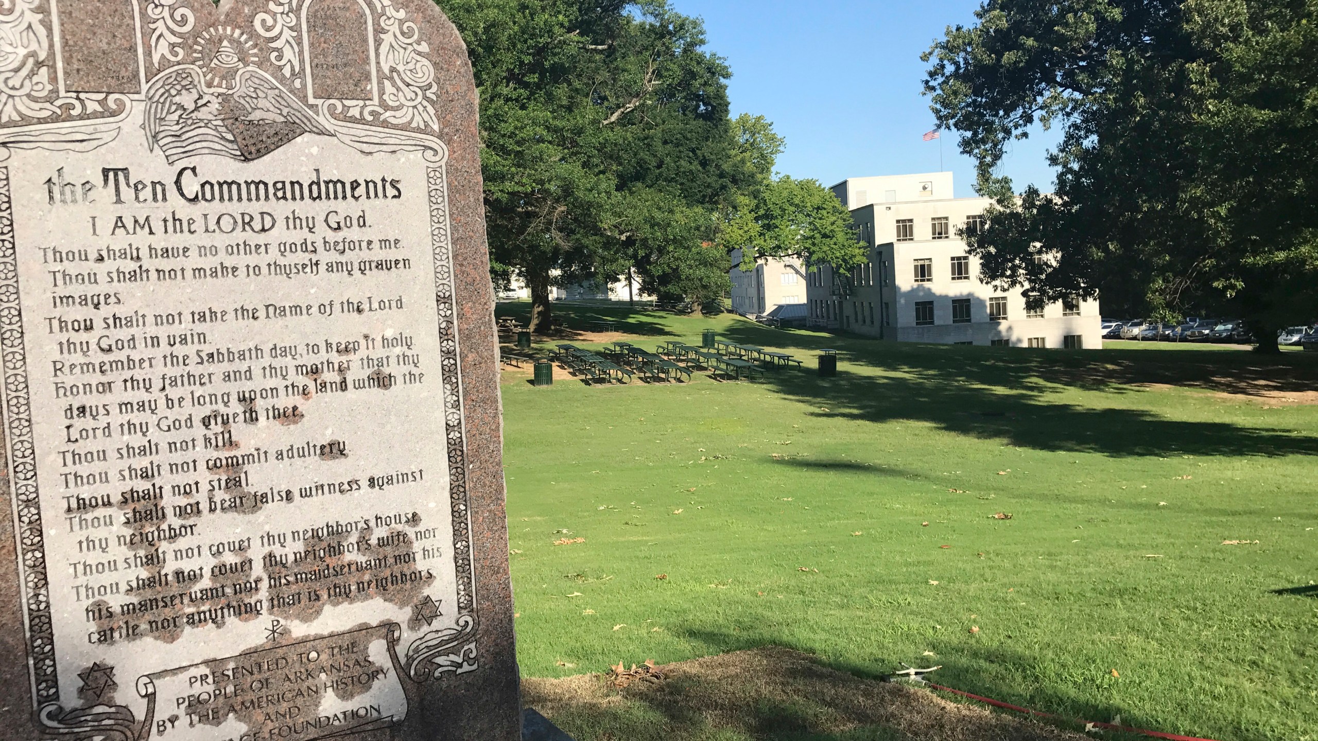 FILE - A 6-foot-tall privately funded Ten Commandments monument is seen on the Arkansas Capitol grounds Tuesday, June 27, 2017, in Little Rock. (AP Photo/Jill Zeman Bleed,File)