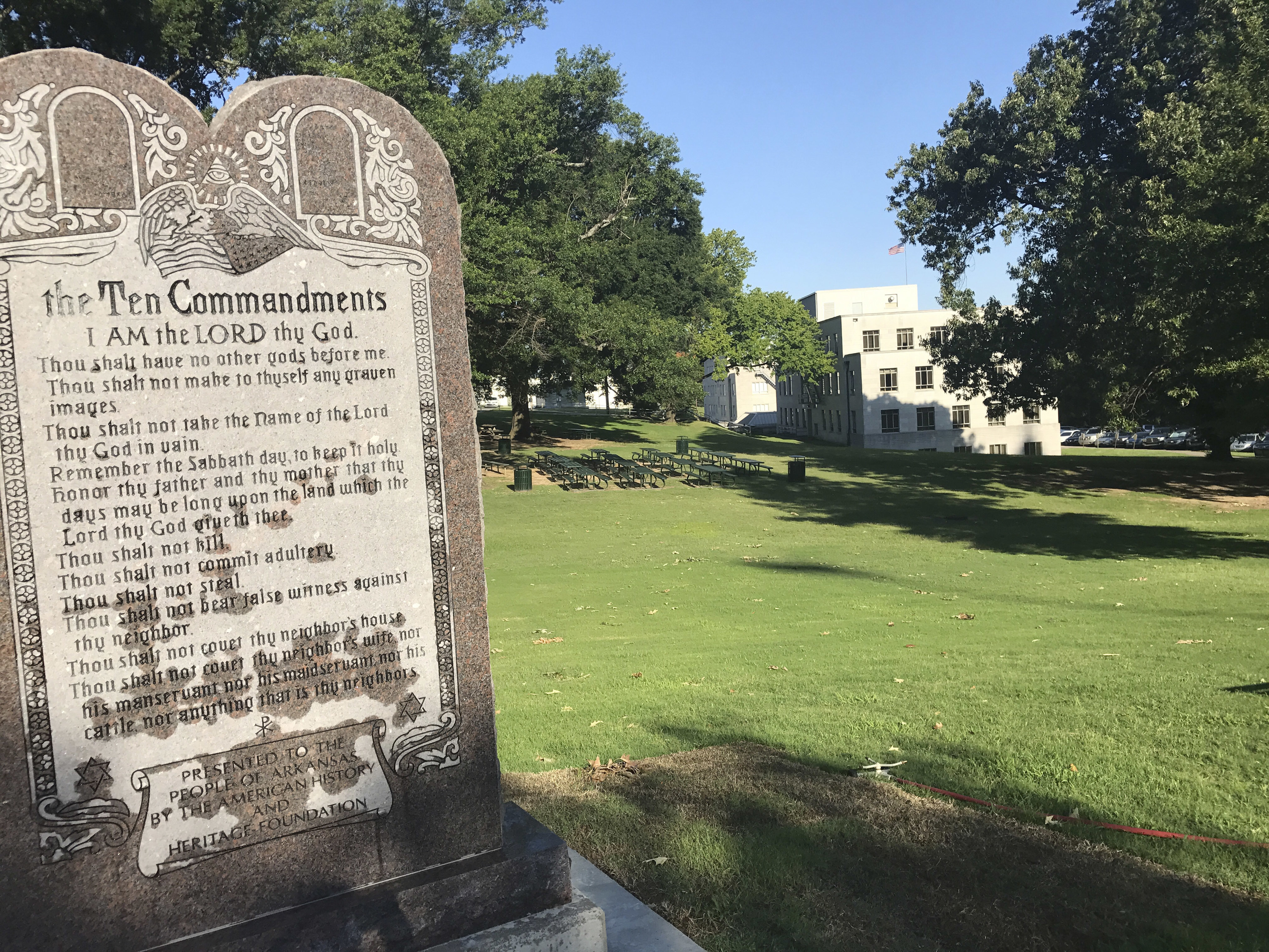FILE - A 6-foot-tall privately funded Ten Commandments monument is seen on the Arkansas Capitol grounds Tuesday, June 27, 2017, in Little Rock. (AP Photo/Jill Zeman Bleed,File)