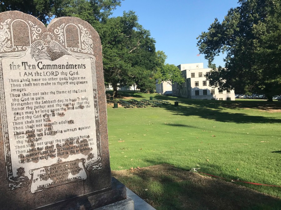 FILE - A 6-foot-tall privately funded Ten Commandments monument is seen on the Arkansas Capitol grounds Tuesday, June 27, 2017, in Little Rock. (AP Photo/Jill Zeman Bleed,File)