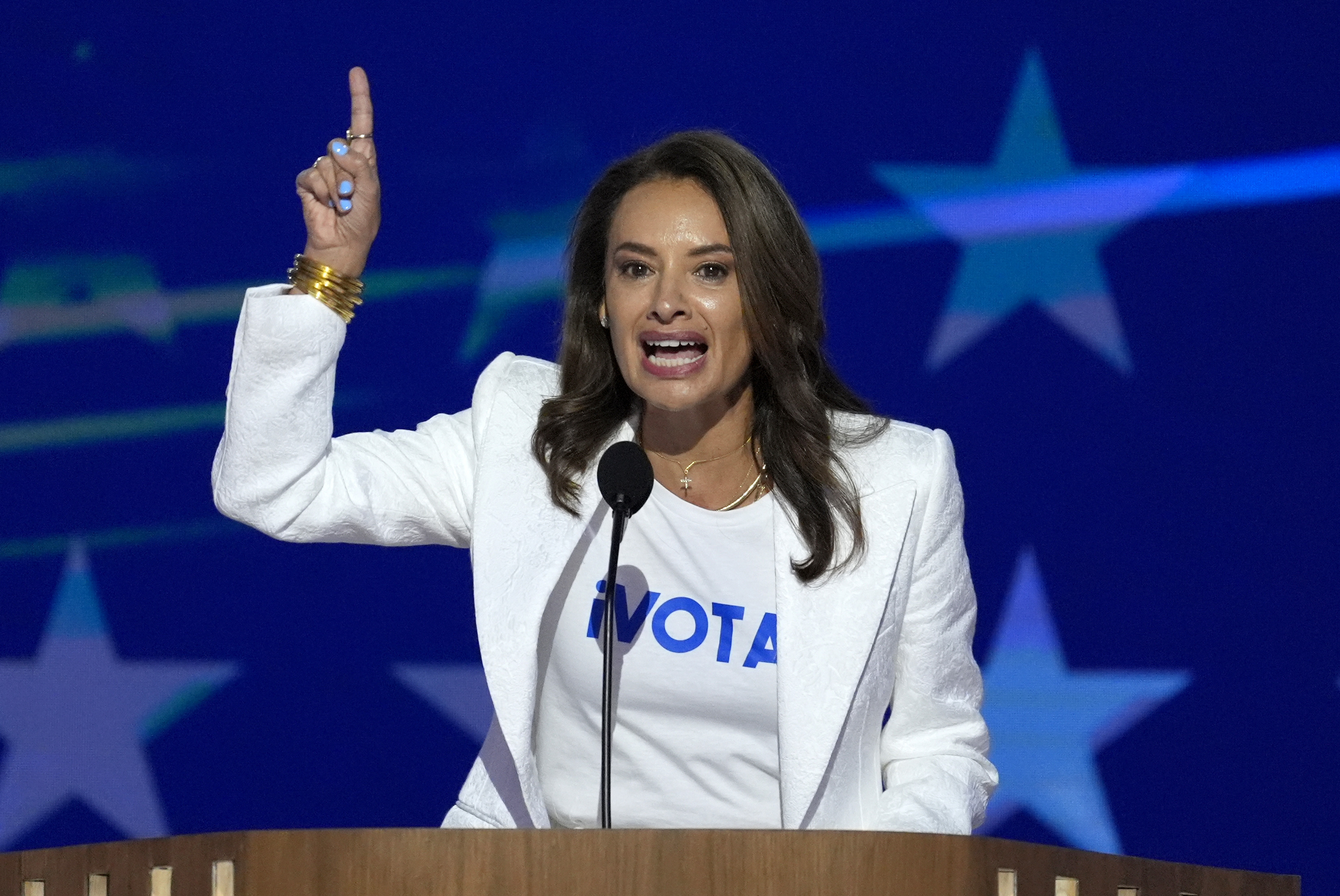 FILE - Maria Teresa Kumar, president and CEO of Voto Latino, speaks during the Democratic National Convention, Aug. 21, 2024, in Chicago. (AP Photo/J. Scott Applewhite, File)