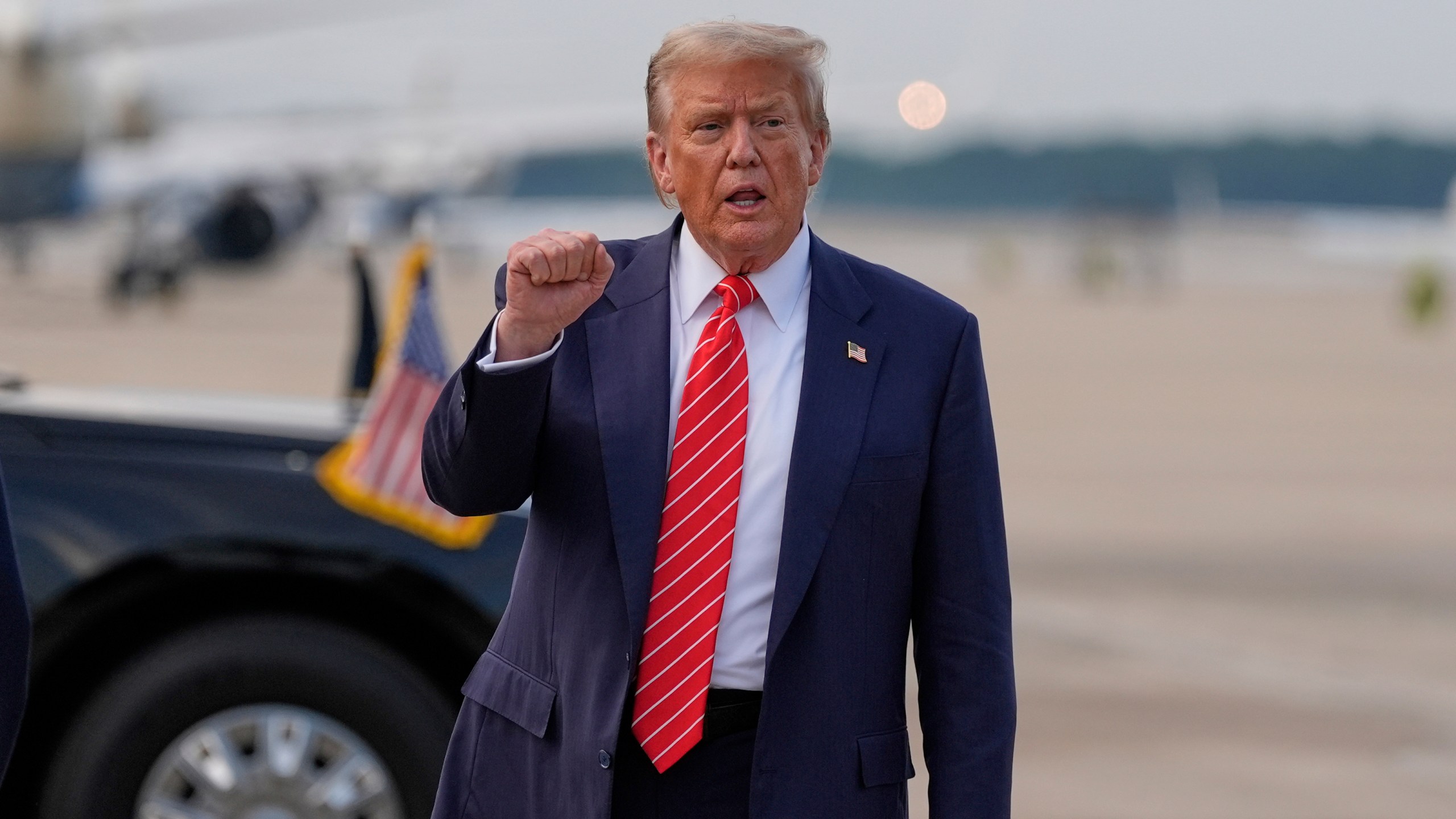 President Donald Trump gestures after arriving on Air Force One, Wednesday, June 25, 2025, at Joint Base Andrews, Md. (AP Photo/Alex Brandon)
