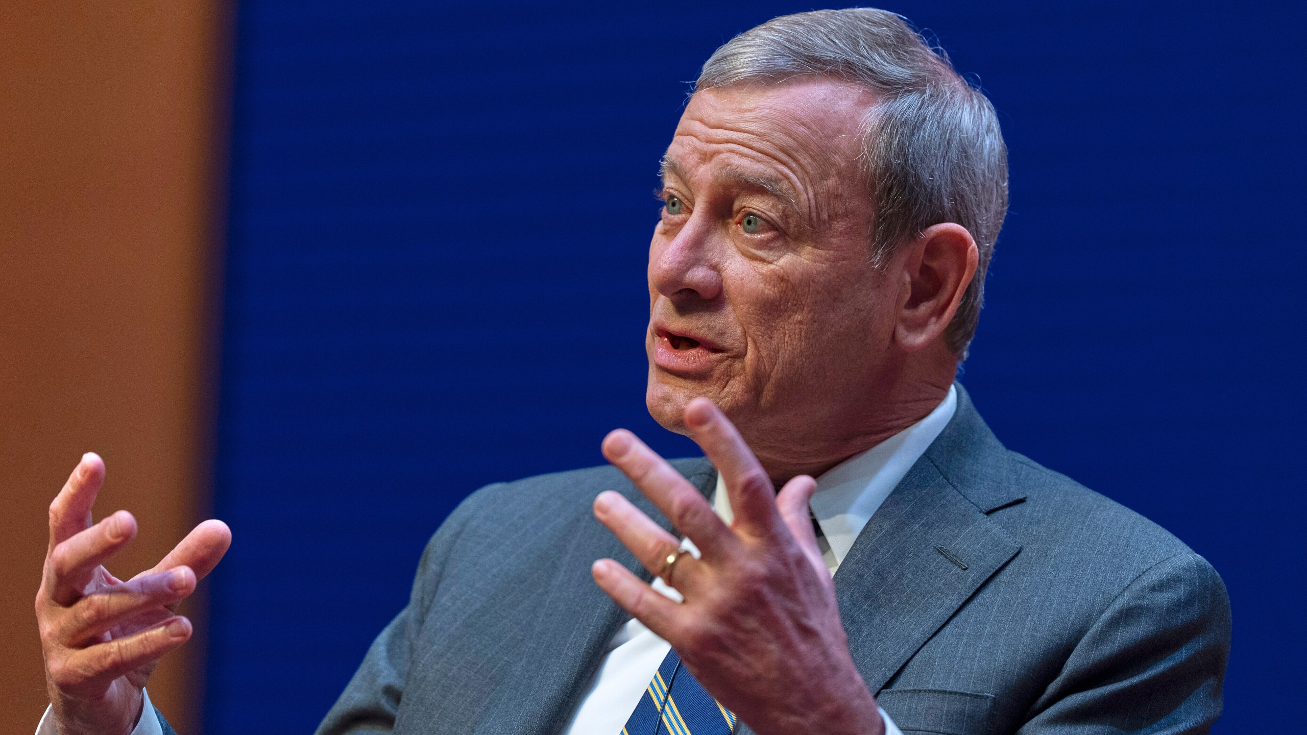 FILE - Chief Justice of the U.S. Supreme Court John Roberts speaks during a lecture to the Georgetown Law School graduating class of 2025, in Washington, May 12, 2025. (AP Photo/Manuel Balce Ceneta, File)