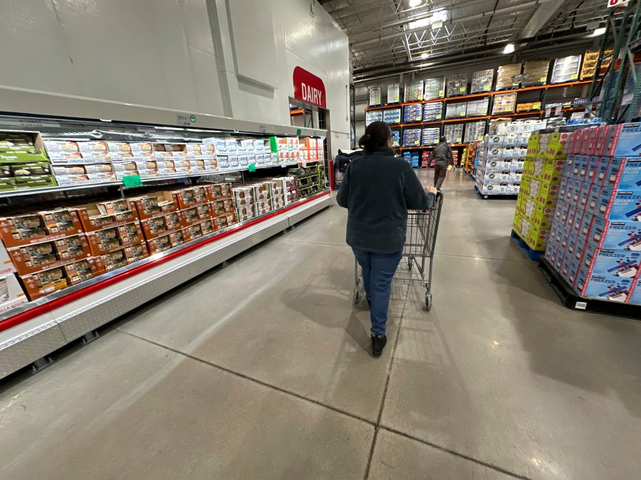 FILE - A shopper pushes a cart past a display of soups in a Costco warehouse Thursday, Jan. 23, 2025, in Sheridan, Colo. (AP Photo/David Zalubowski, File)