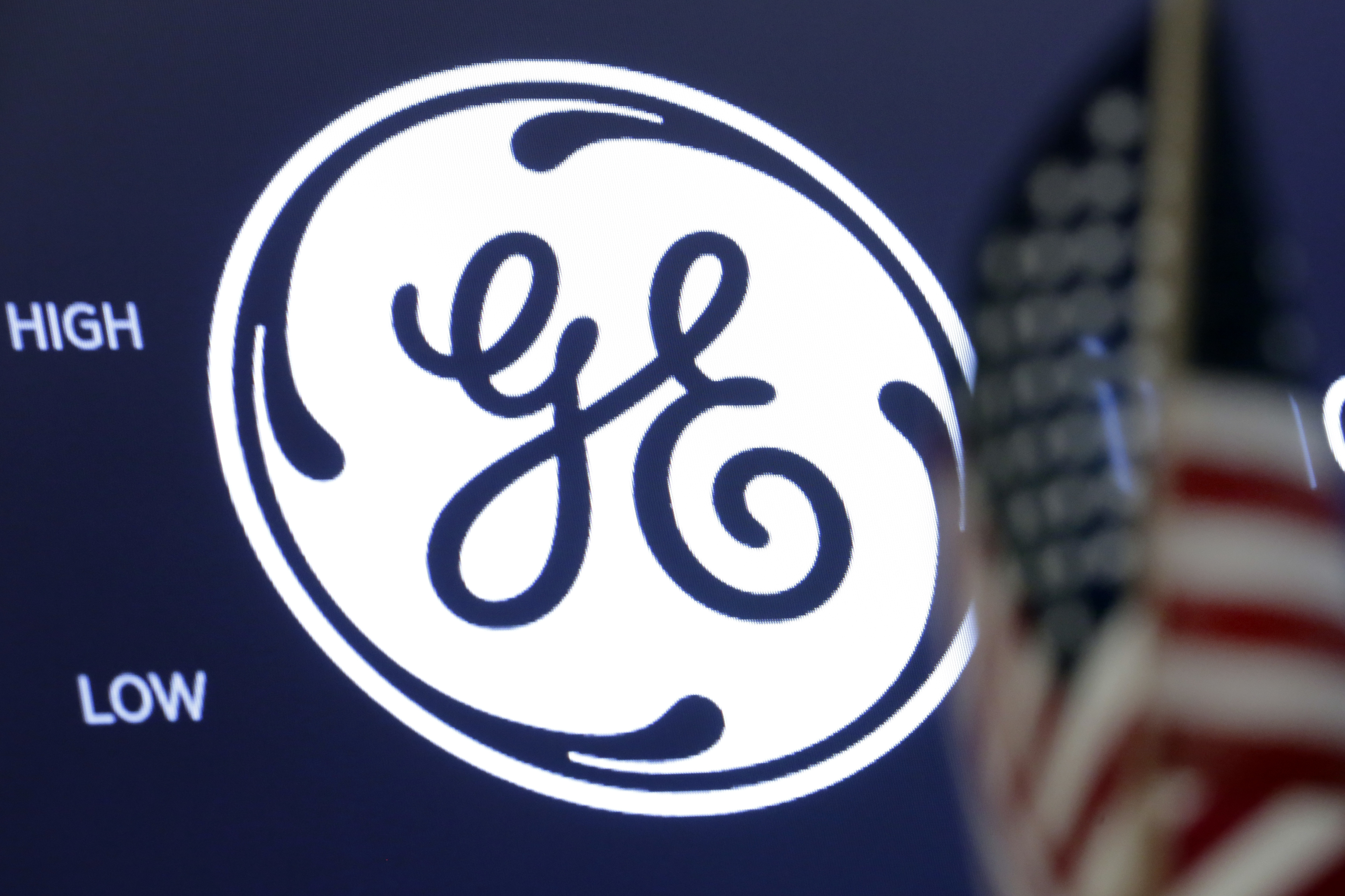 FILE - In this June 26, 2018, file photo the General Electric logo appears above a trading post on the floor of the New York Stock Exchange. (AP Photo/Richard Drew, File)