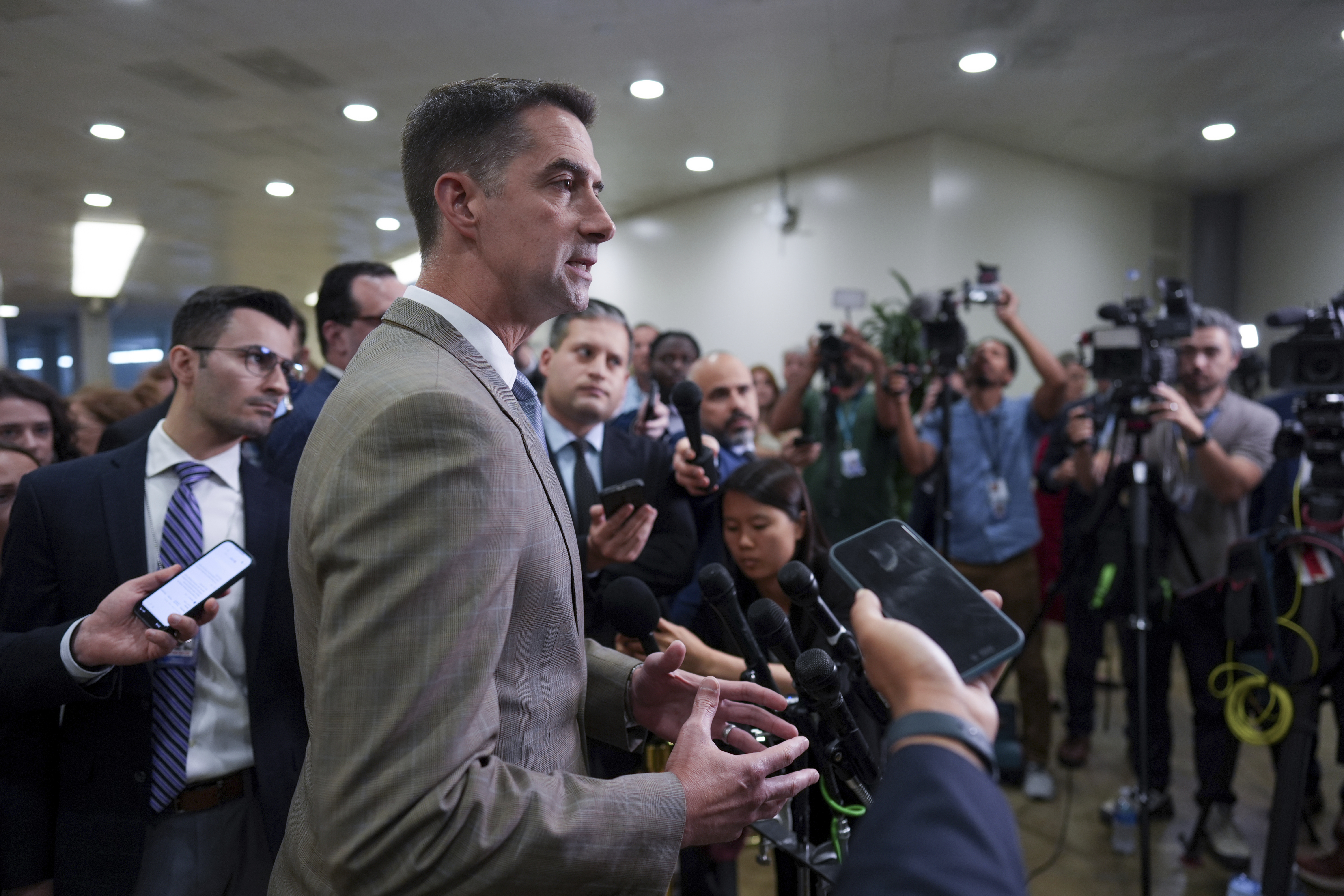 Sen. Tom Cotton, R-Ark., takes questions from reporters as senators depart a classified briefing on President Donald Trump's directed strikes on Iranian nuclear facilities last weekend, at the Capitol in Washington, Thursday, June 26, 2025. (AP Photo/J. Scott Applewhite)