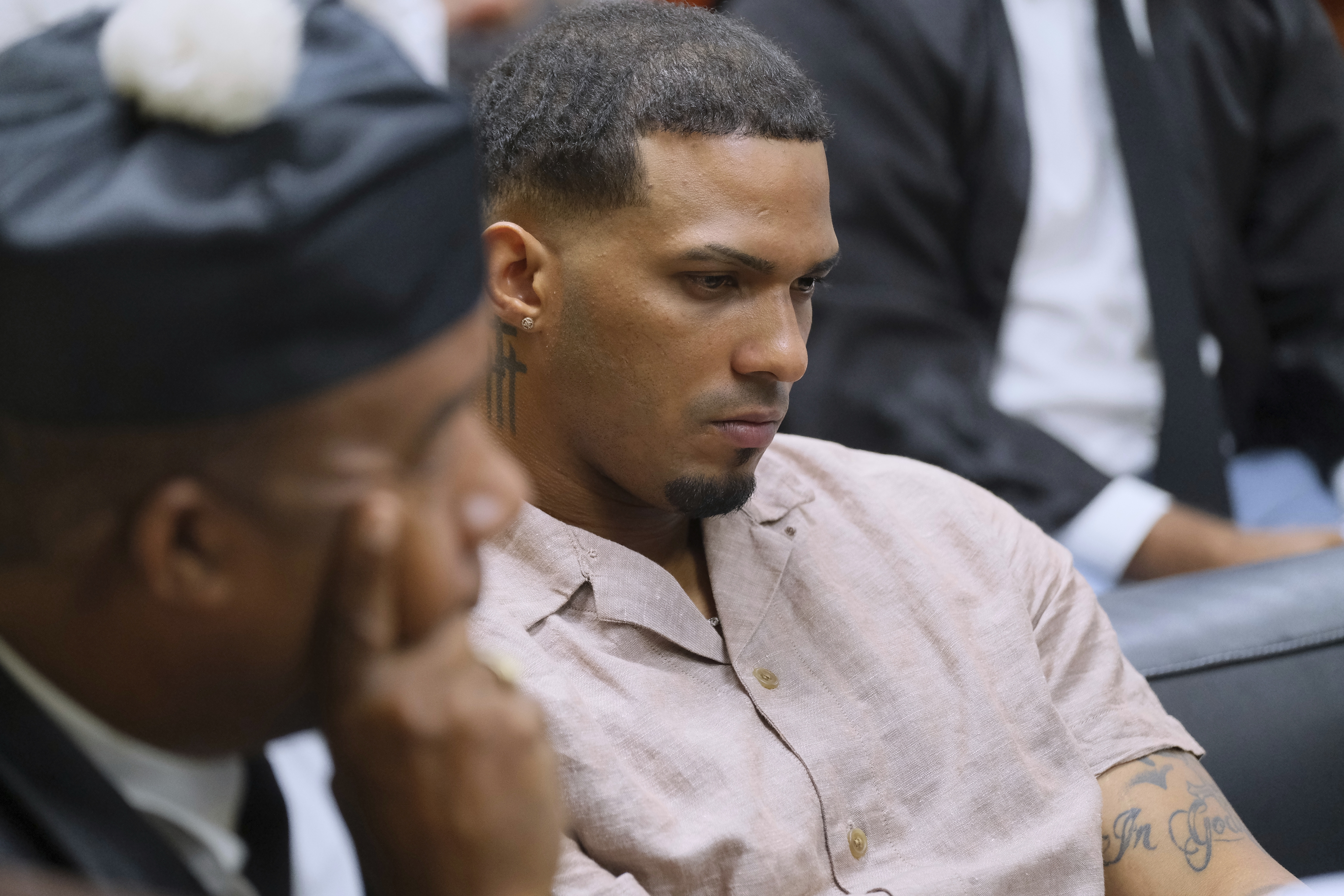 Tampa Bay Rays shortstop Wander Franco attends his trial on charges of sexual abuse of a minor in Puerto Plata, Dominican Republic, Monday, June 23, 2025. (AP Photo/Ricardo Hernandez)