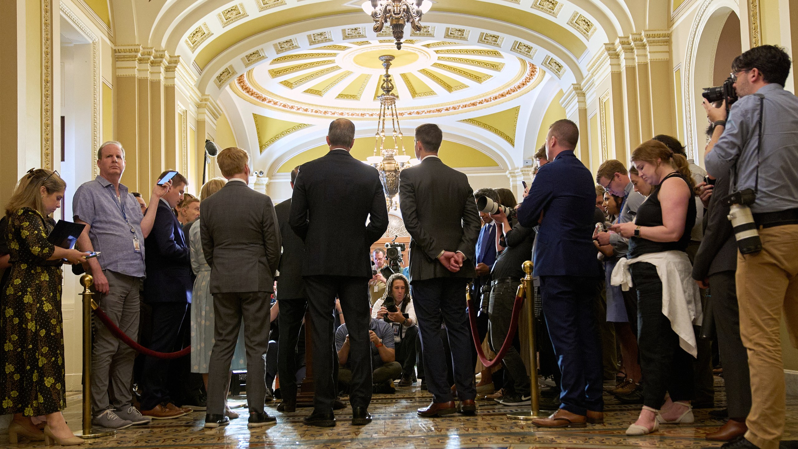 Senate Majority Leader John Thune, R-S.D., center left, speaks to reporters along with members of the Republican leadership, Tuesday, June 24, 2025, on Capitol Hill in Washington. (AP Photo/Jacquelyn Martin)