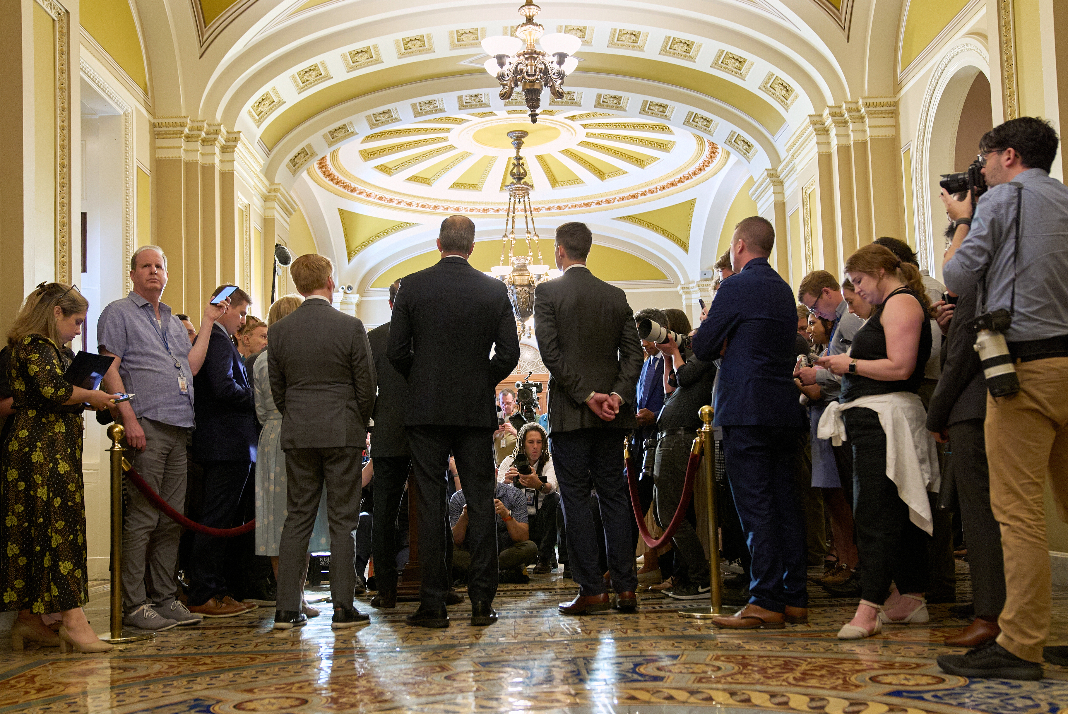Senate Majority Leader John Thune, R-S.D., center left, speaks to reporters along with members of the Republican leadership, Tuesday, June 24, 2025, on Capitol Hill in Washington. (AP Photo/Jacquelyn Martin)