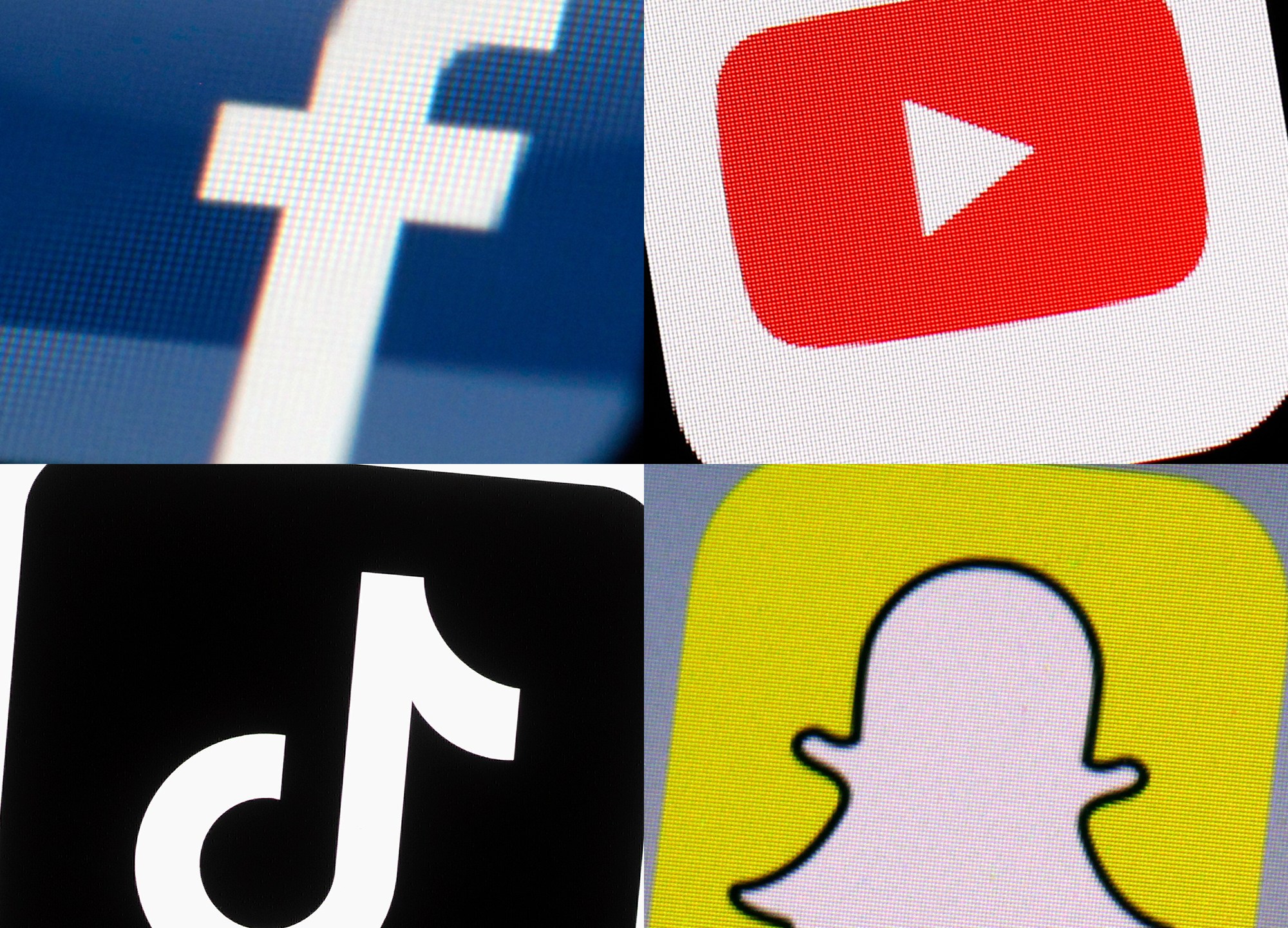 FILE - This combination of photos from 2017 to 2022 shows the logos of Facebook, YouTube, TikTok and Snapchat on mobile devices. (AP Photo, File)