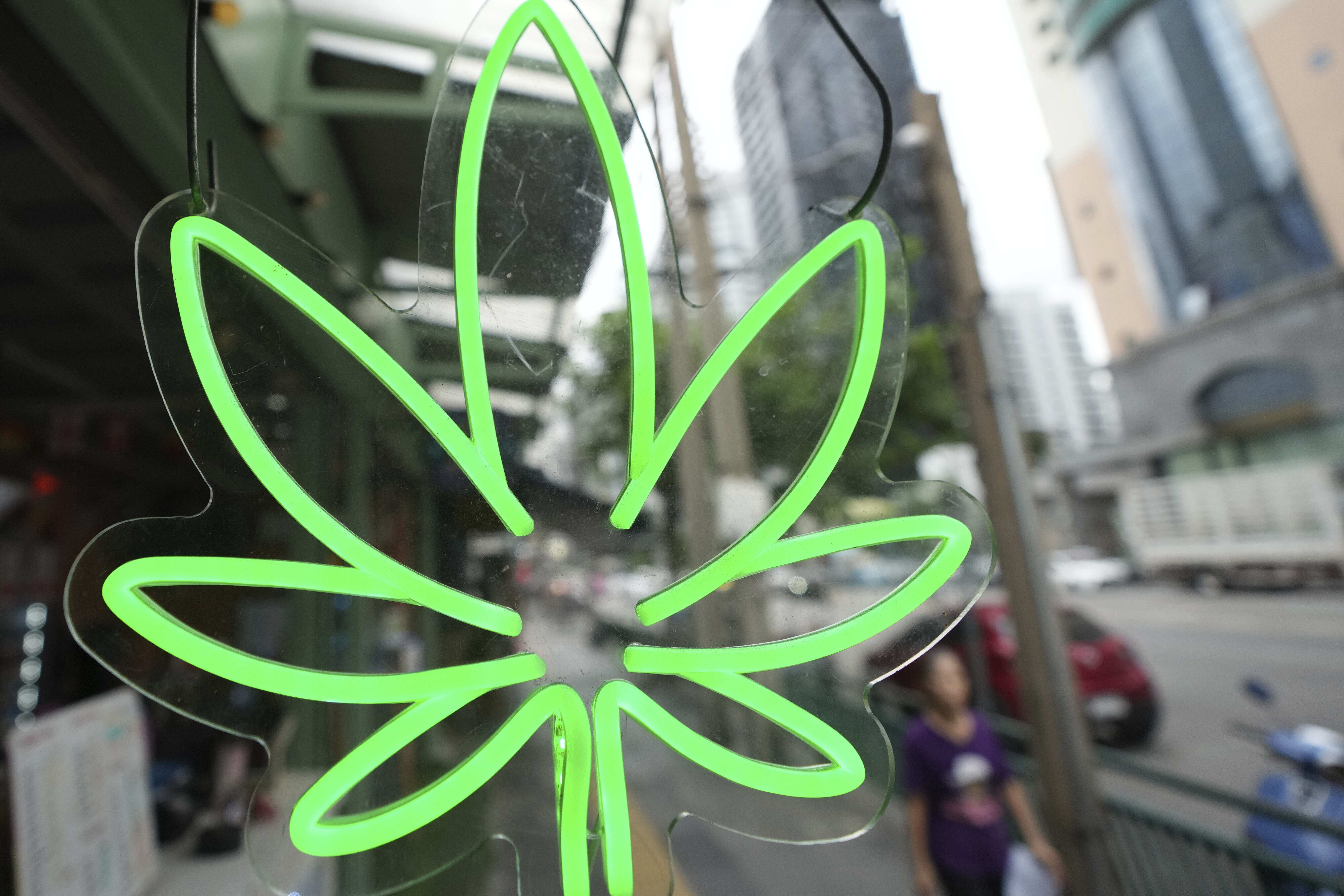 A pedestrian walks by the sign of a Cannabis shop after Thailand started banning the sale of cannabis to those without a prescription in Bangkok, Thailand, Friday, June 27, 2025. (AP Photo/Sakchai Lalit)