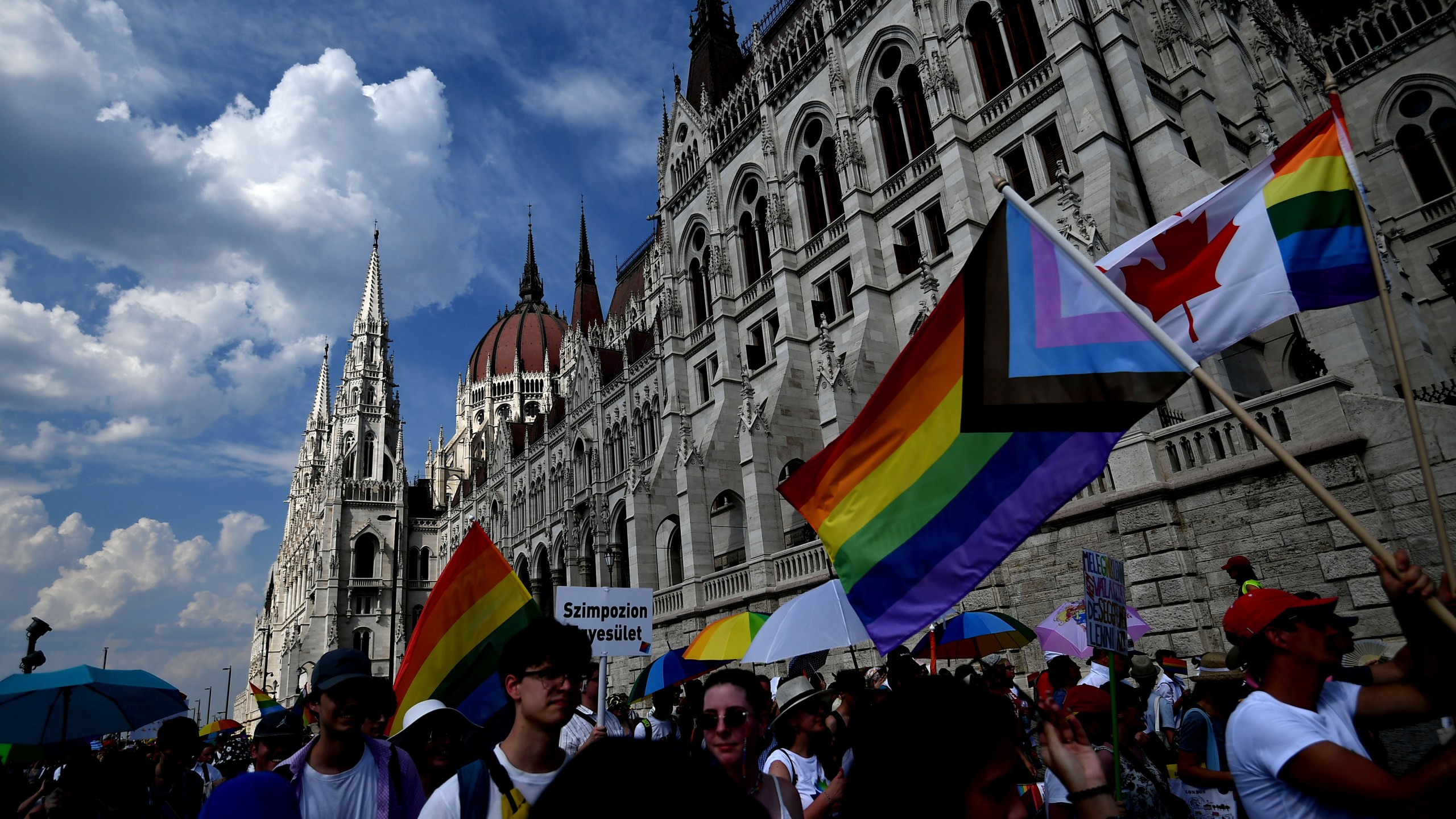 FILE - Members and supporters of Hungary's LGBTQ community march through Budapest, on Saturday, July 23, 2022. (AP Photo/Anna Szilagyi, File)