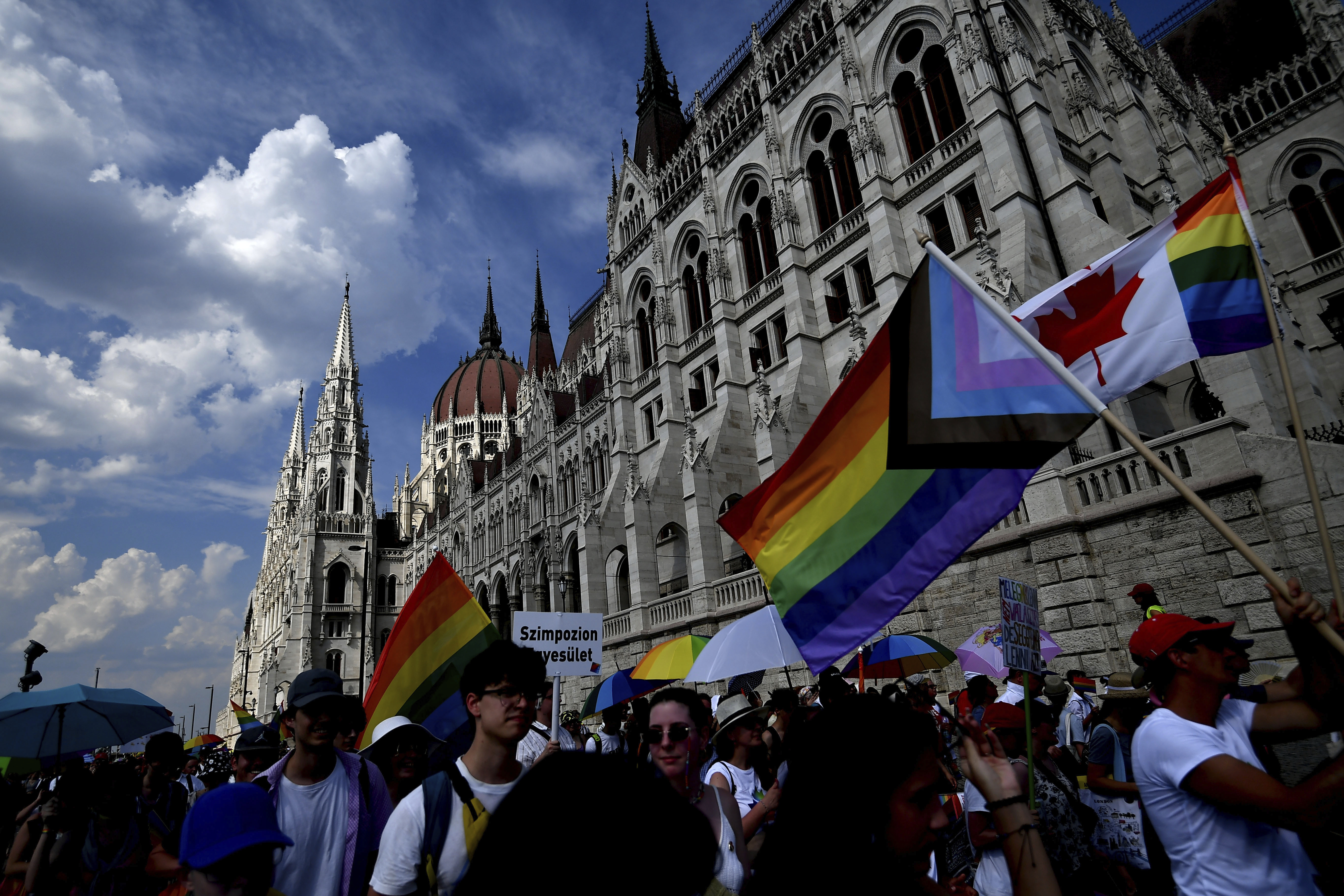 FILE - Members and supporters of Hungary's LGBTQ community march through Budapest, on Saturday, July 23, 2022. (AP Photo/Anna Szilagyi, File)
