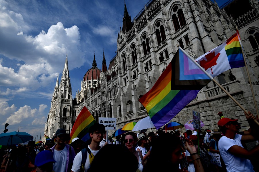 FILE - Members and supporters of Hungary's LGBTQ community march through Budapest, on Saturday, July 23, 2022. (AP Photo/Anna Szilagyi, File)