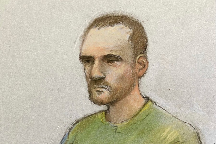 This court artist sketch shows Marcus Arduini Monzo appearing at the Old Bailey. The man armed with a samurai sword who killed a London teenager on his way to school and injured five other people during what the prosecution said was a psychotic episode triggered by drug use was convicted of murder on Wednesday, June 25, 2025. (Elizabeth Cook/PA via AP)