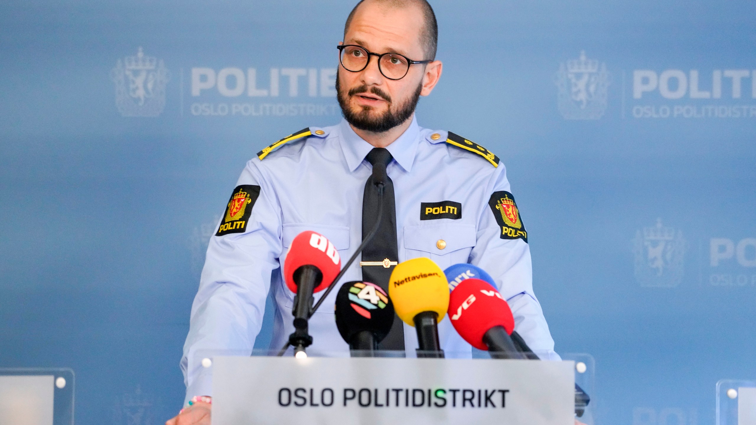 Police Attorney Andreas Kruszewski from the Oslo Police District, gives an update on the case against Marius Borg Høiby in the press room at the Police Headquarters in Oslo, Friday, June 27, 2025. (Ole Berg-Rusten/NTB Scanpix via AP)