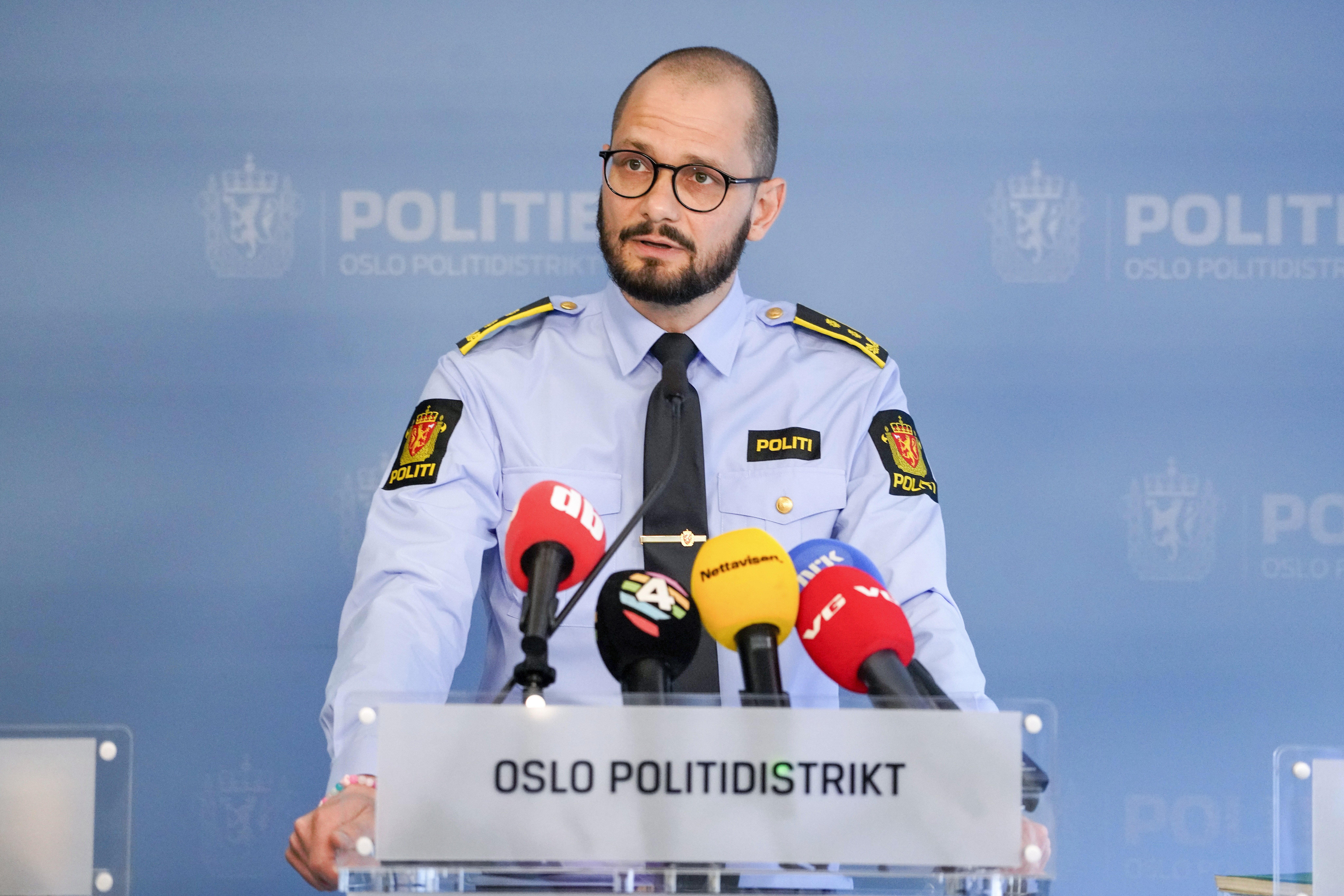Police Attorney Andreas Kruszewski from the Oslo Police District, gives an update on the case against Marius Borg Høiby in the press room at the Police Headquarters in Oslo, Friday, June 27, 2025. (Ole Berg-Rusten/NTB Scanpix via AP)