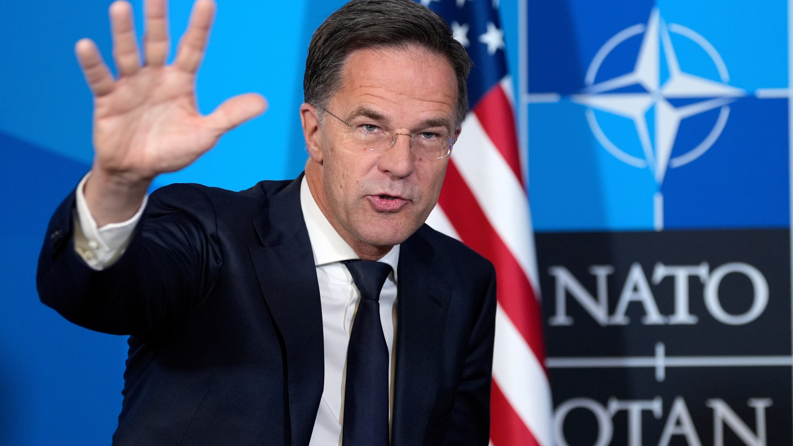 Secretary General Mark Rutte gestures during a meeting with President Donald Trump at the NATO summit in The Hague, Netherlands, Wednesday, June 25, 2025. (AP Photo/Alex Brandon)