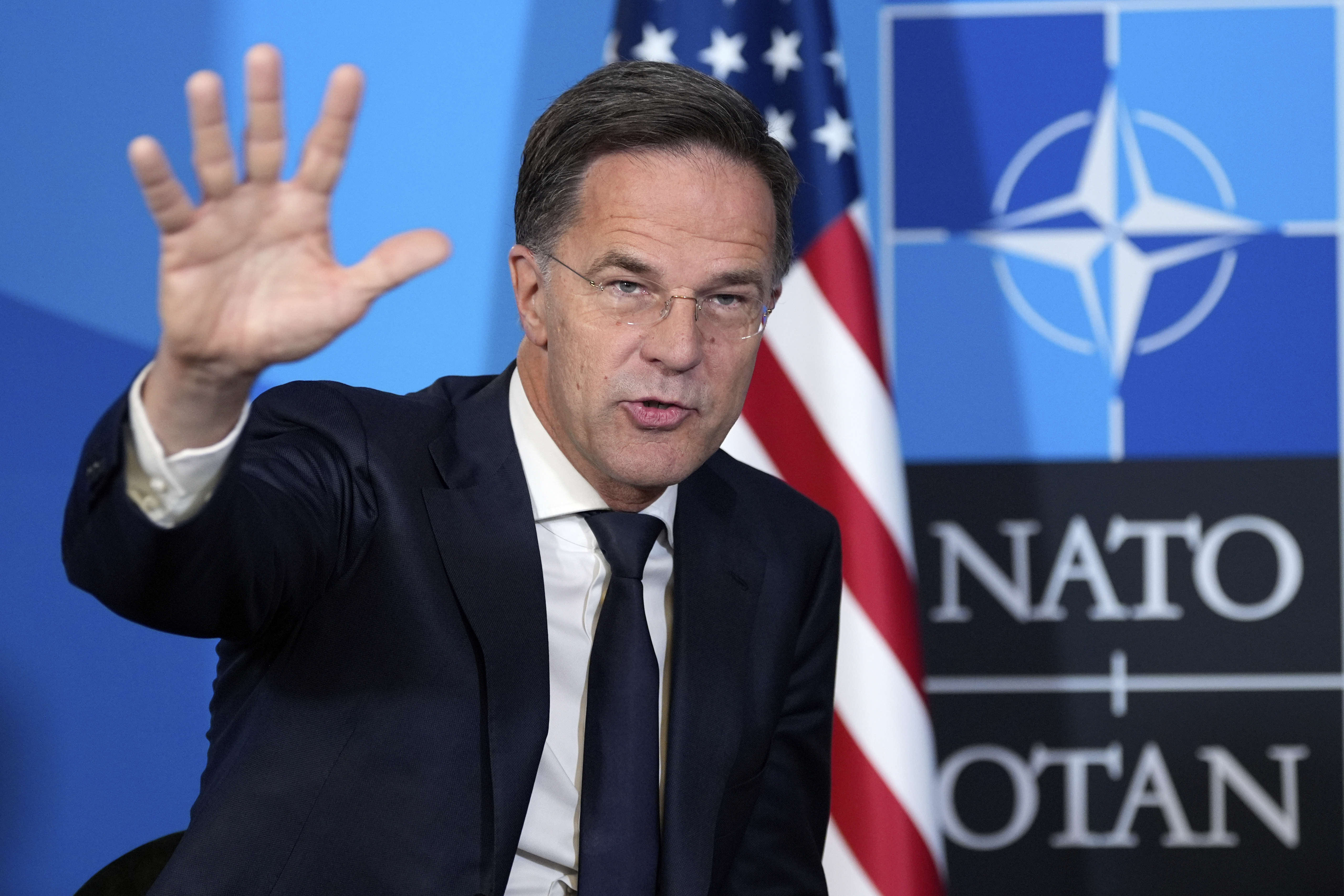 Secretary General Mark Rutte gestures during a meeting with President Donald Trump at the NATO summit in The Hague, Netherlands, Wednesday, June 25, 2025. (AP Photo/Alex Brandon)
