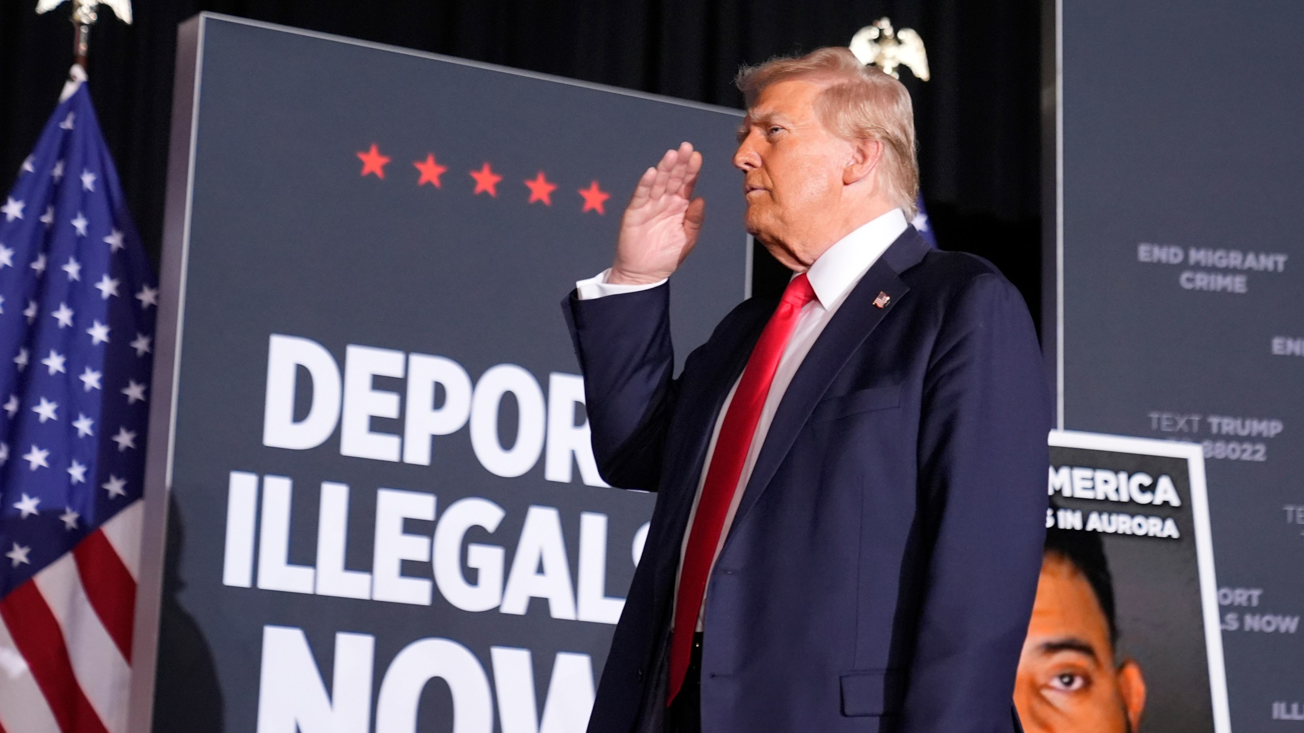 FILE - Republican presidential nominee former President Donald Trump salutes at a campaign rally at the Gaylord Rockies Resort & Convention Center, Oct. 11, 2024, in Aurora, Colo. (AP Photo/Alex Brandon, File)