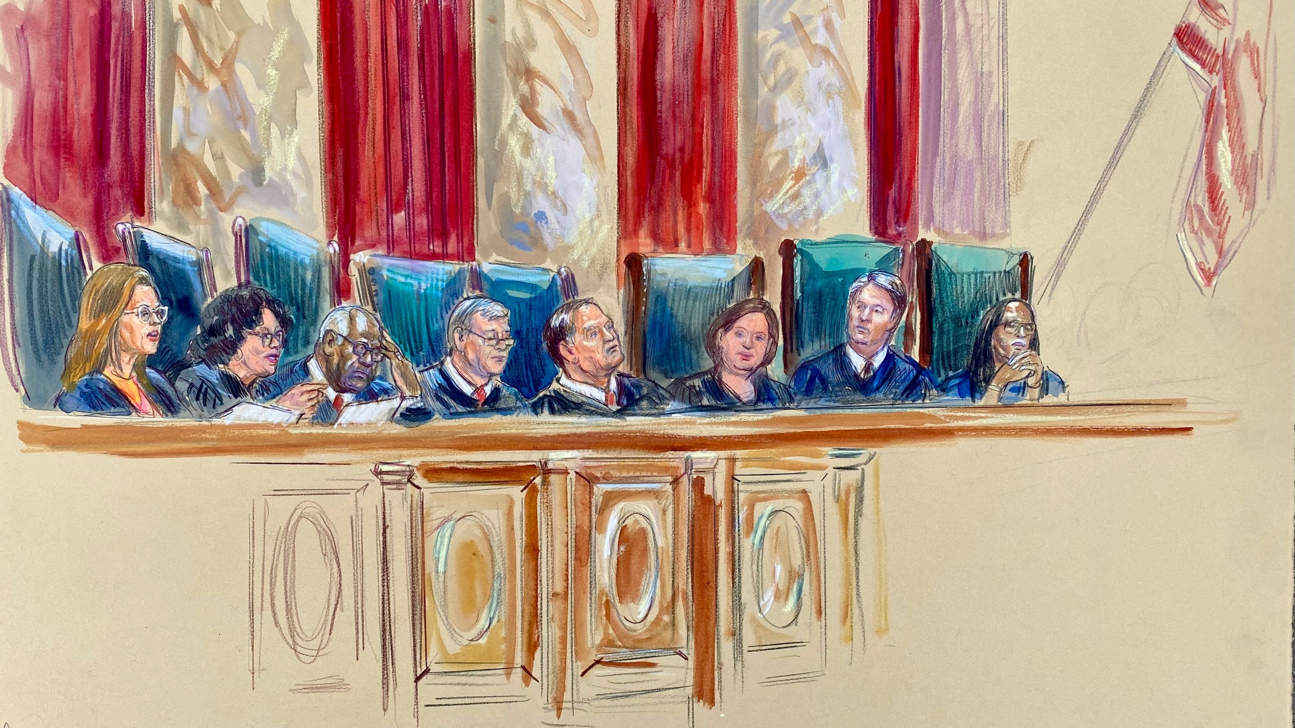 This artist sketch depicts Justice Amy Coney Barrett, from left, Justice Sonia Sotomayor, Justice Clarence Thomas, Chief Justice John Roberts, Justice Samuel Alito, Justice Elena Kagan, Justice Brett Kavanaugh and Justice Ketanji Brown Jackson as the Justices announce opinions at the Supreme Court in Washington, Friday, June 27, 2025. (Dana Verkouteren via AP)