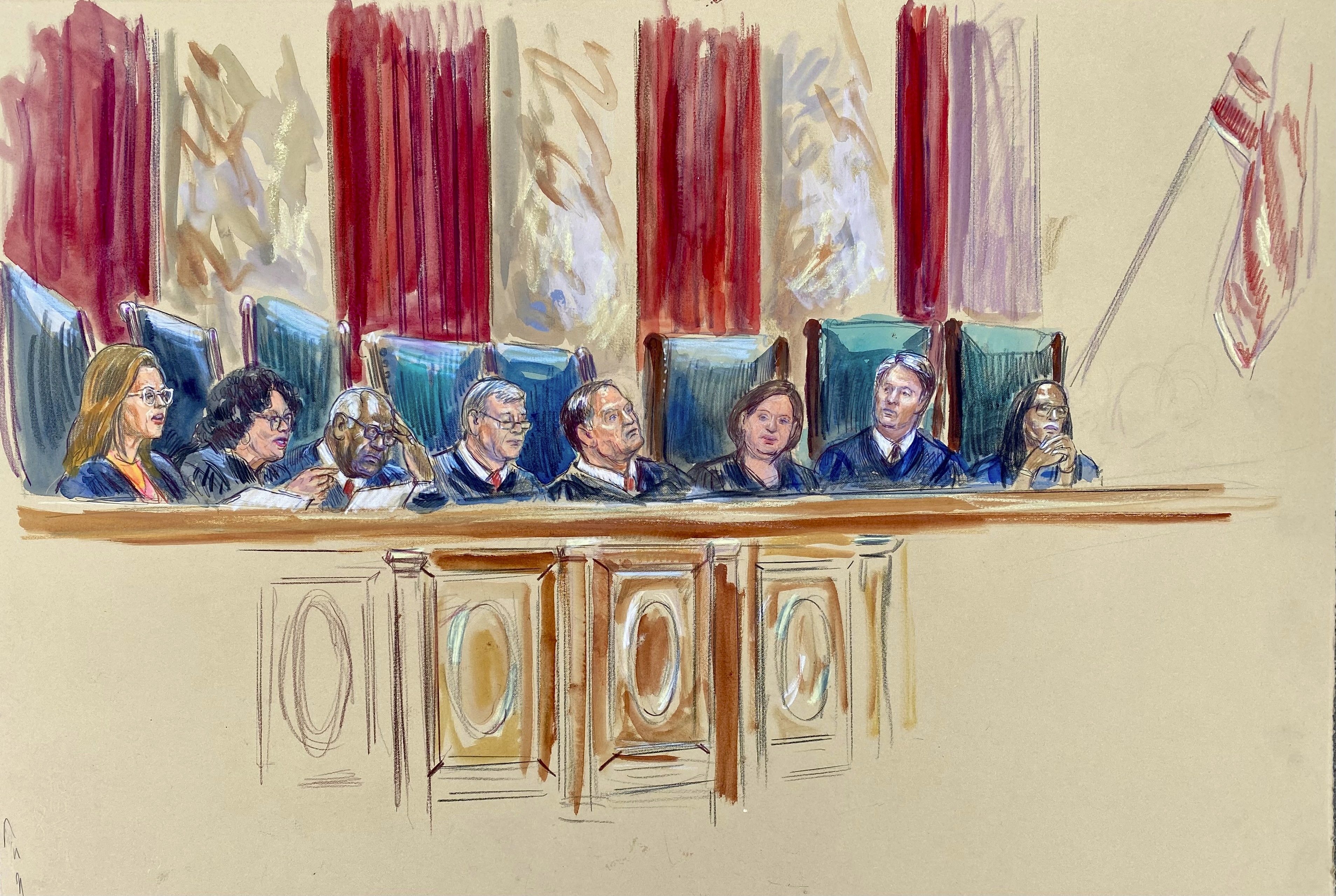 This artist sketch depicts Justice Amy Coney Barrett, from left, Justice Sonia Sotomayor, Justice Clarence Thomas, Chief Justice John Roberts, Justice Samuel Alito, Justice Elena Kagan, Justice Brett Kavanaugh and Justice Ketanji Brown Jackson as the Justices announce opinions at the Supreme Court in Washington, Friday, June 27, 2025. (Dana Verkouteren via AP)