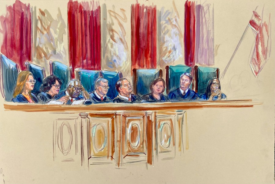 This artist sketch depicts Justice Amy Coney Barrett, from left, Justice Sonia Sotomayor, Justice Clarence Thomas, Chief Justice John Roberts, Justice Samuel Alito, Justice Elena Kagan, Justice Brett Kavanaugh and Justice Ketanji Brown Jackson as the Justices announce opinions at the Supreme Court in Washington, Friday, June 27, 2025. (Dana Verkouteren via AP)