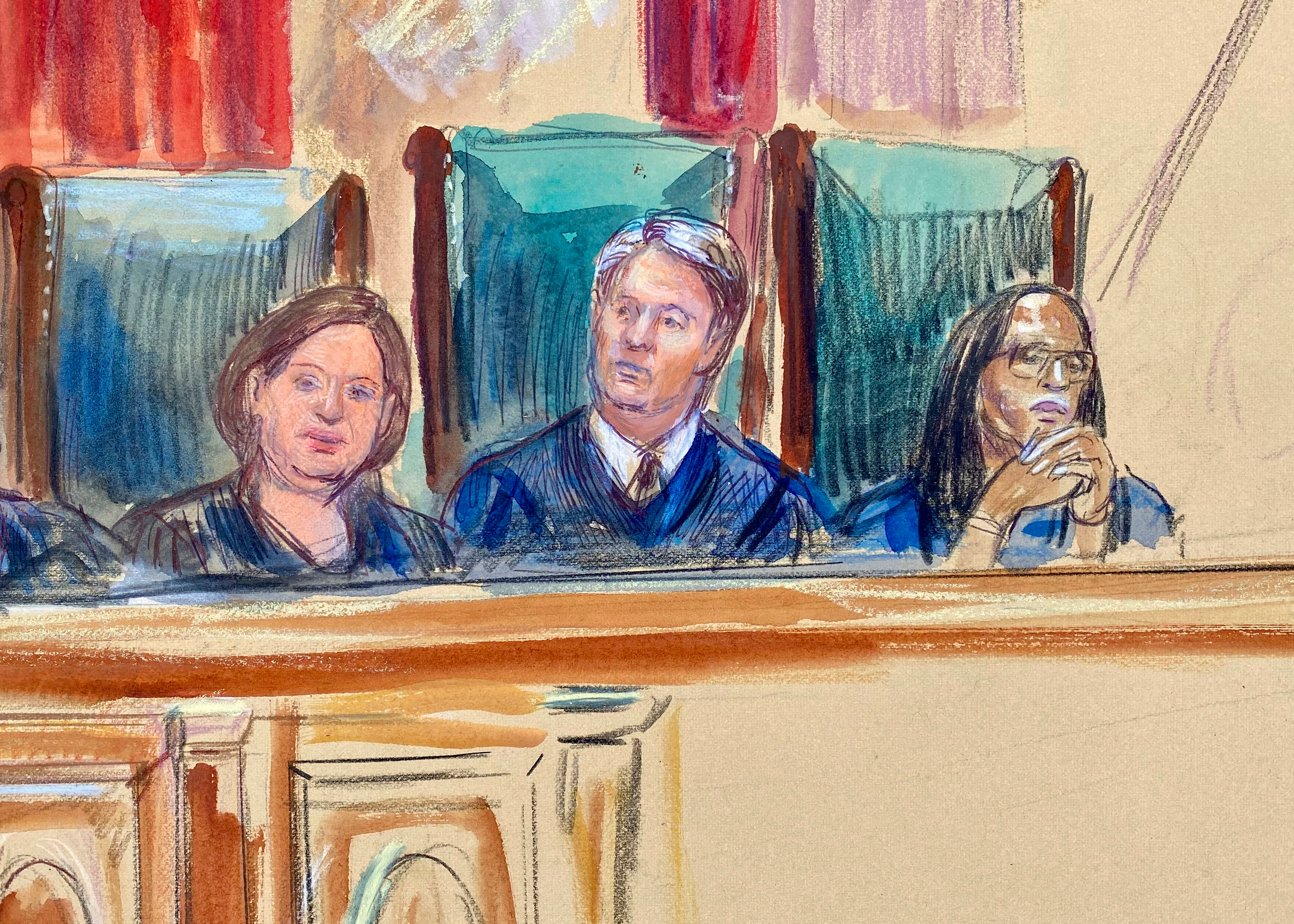 This artist sketch depicts Justice Elena Kagan, from left, Justice Brett Kavanaugh and Justice Ketanji Brown Jackson as the Justices announce opinions at the Supreme Court in Washington, Friday, June 27, 2025. (Dana Verkouteren via AP)