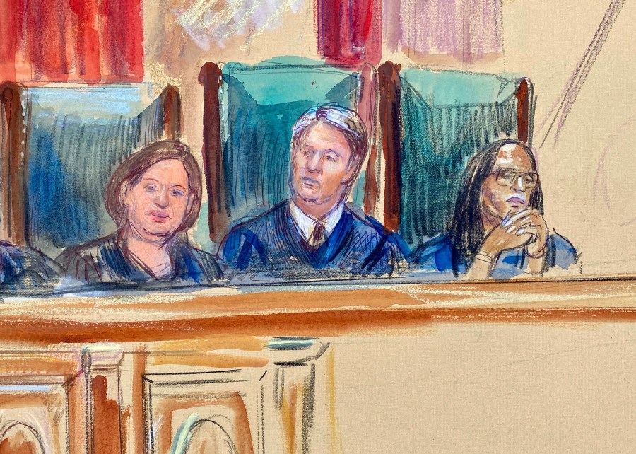 This artist sketch depicts Justice Elena Kagan, from left, Justice Brett Kavanaugh and Justice Ketanji Brown Jackson as the Justices announce opinions at the Supreme Court in Washington, Friday, June 27, 2025. (Dana Verkouteren via AP)