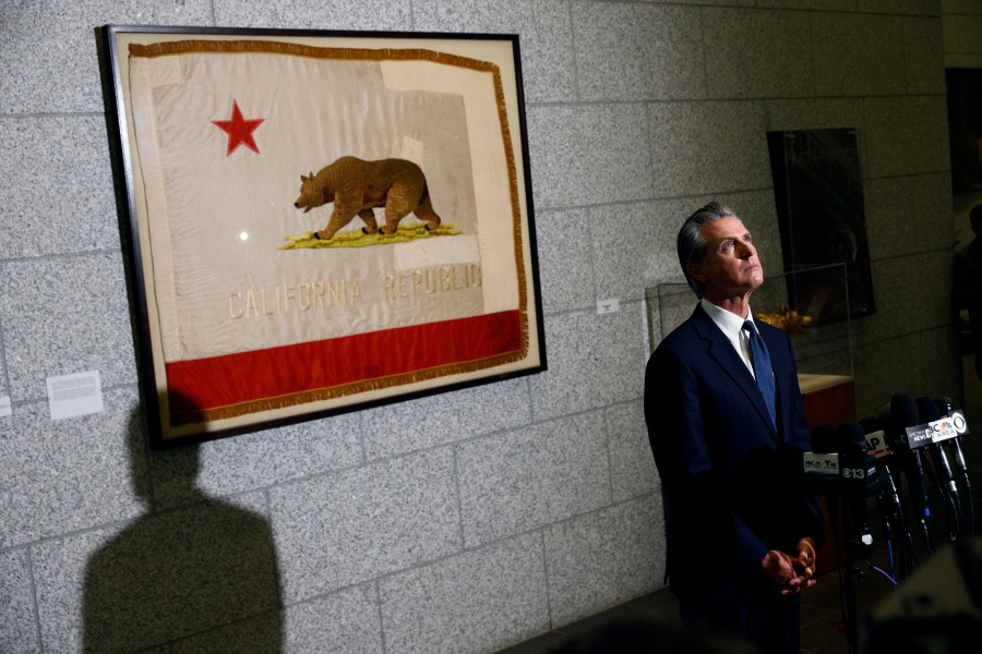 FILE - Gov. Gavin Newsom speaks after U.S. District Judge Charles Breyer granted an emergency temporary restraining order to stop President Trump's deployment of the California National Guard, Thursday, June 12, 2025, at the California State Supreme Court building in San Francisco. (Santiago Mejia/San Francisco Chronicle via AP, File)