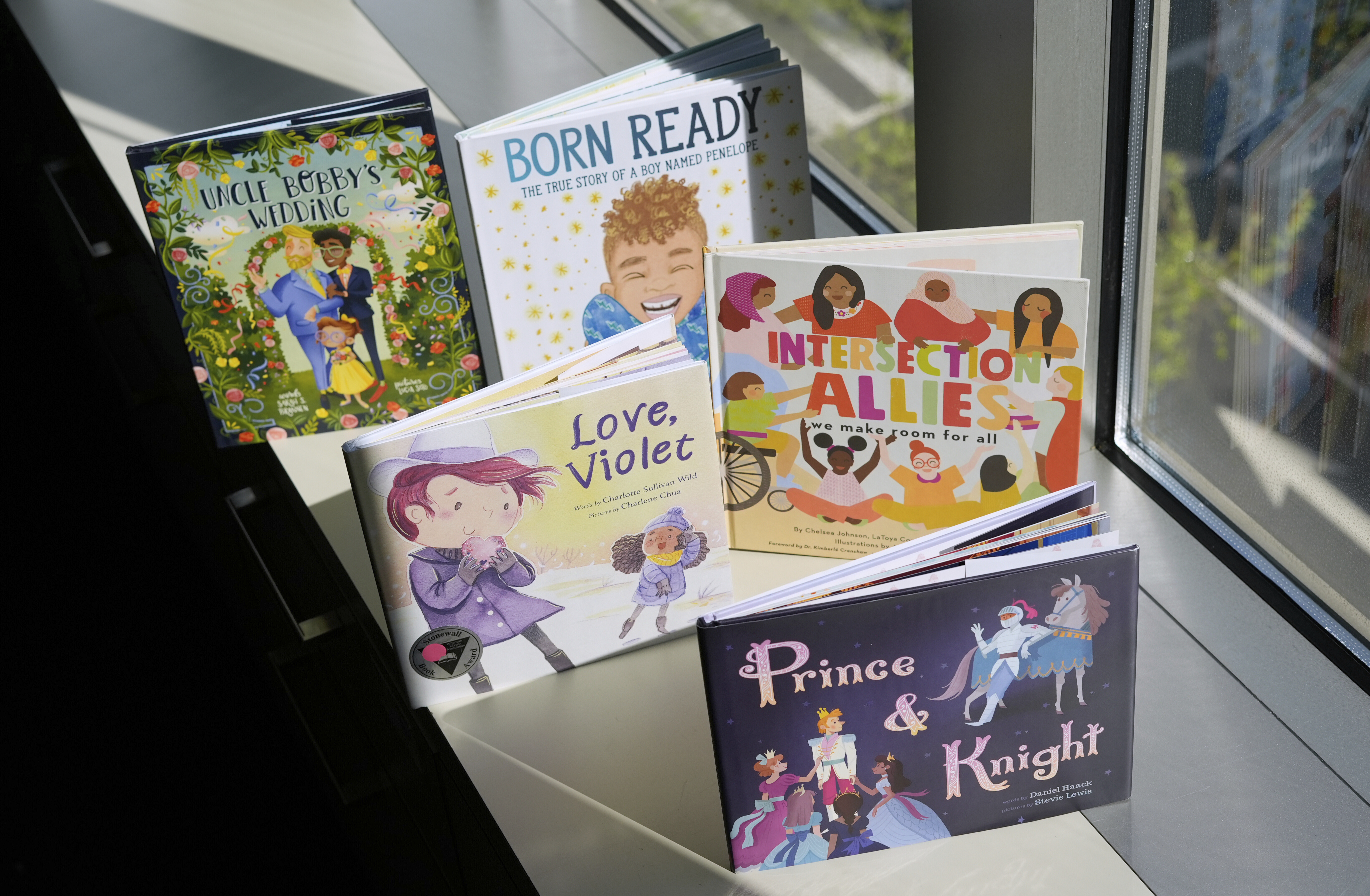 FILE - A selection of books featuring LGBTQ characters that are part of a Supreme Court case are pictured, April, 15, 2025, in Washington. (AP Photo/Pablo Martinez Monsivais, File)