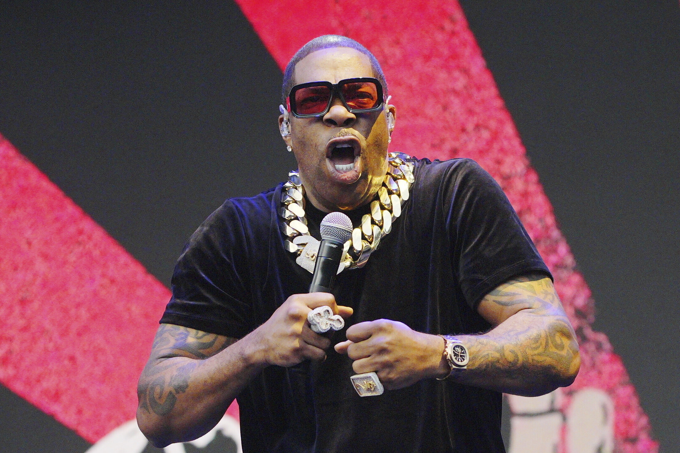 Busta Rhymes performs on the Other Stage during the Glastonbury Festival at Worthy Farm in Somerset, England, on Friday June 27, 2025. (Ben Birchall/PA via AP)
